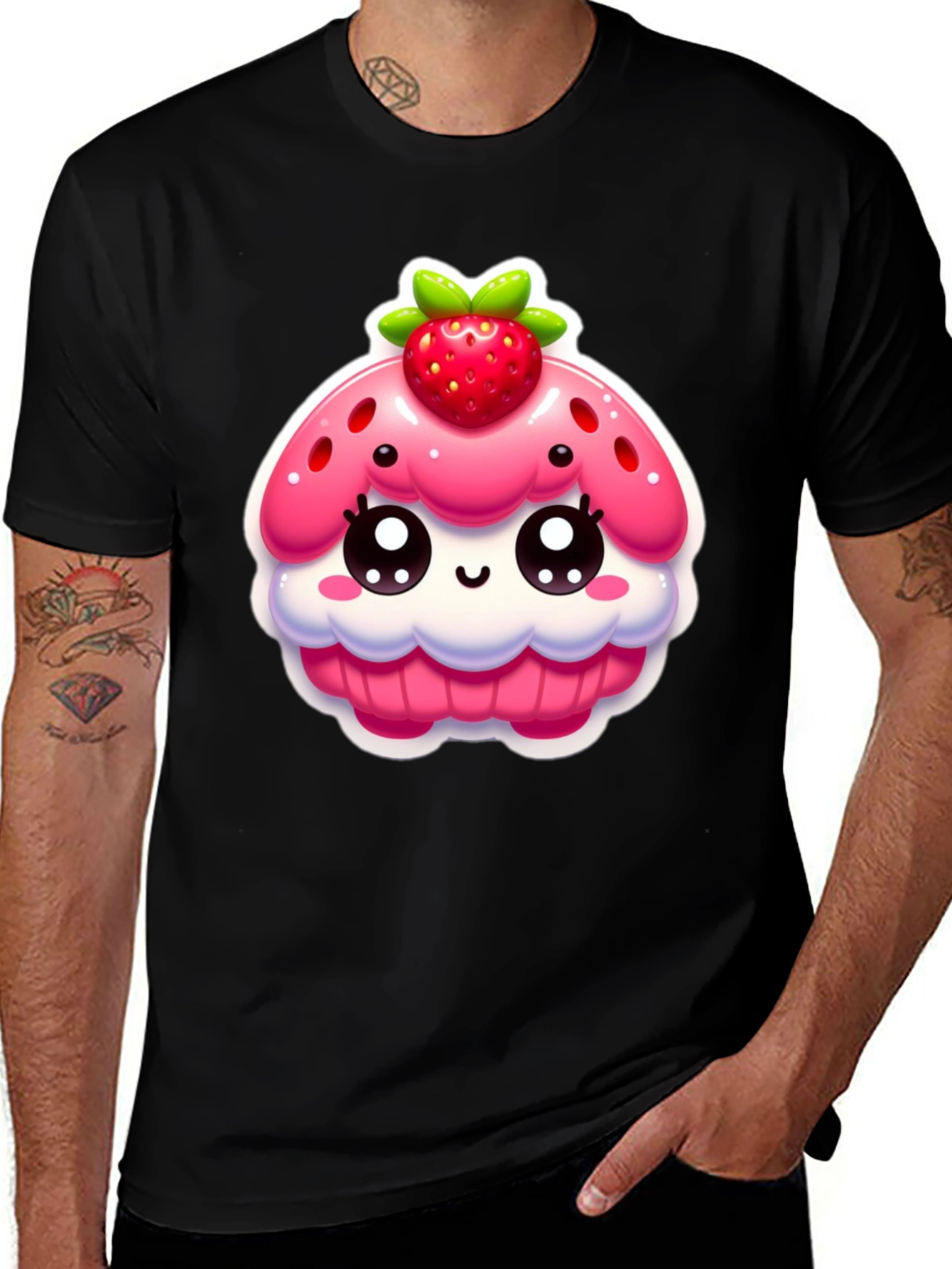 Variant 22 of Kawaii Strawberry Cupcake Graphic Tee - Black