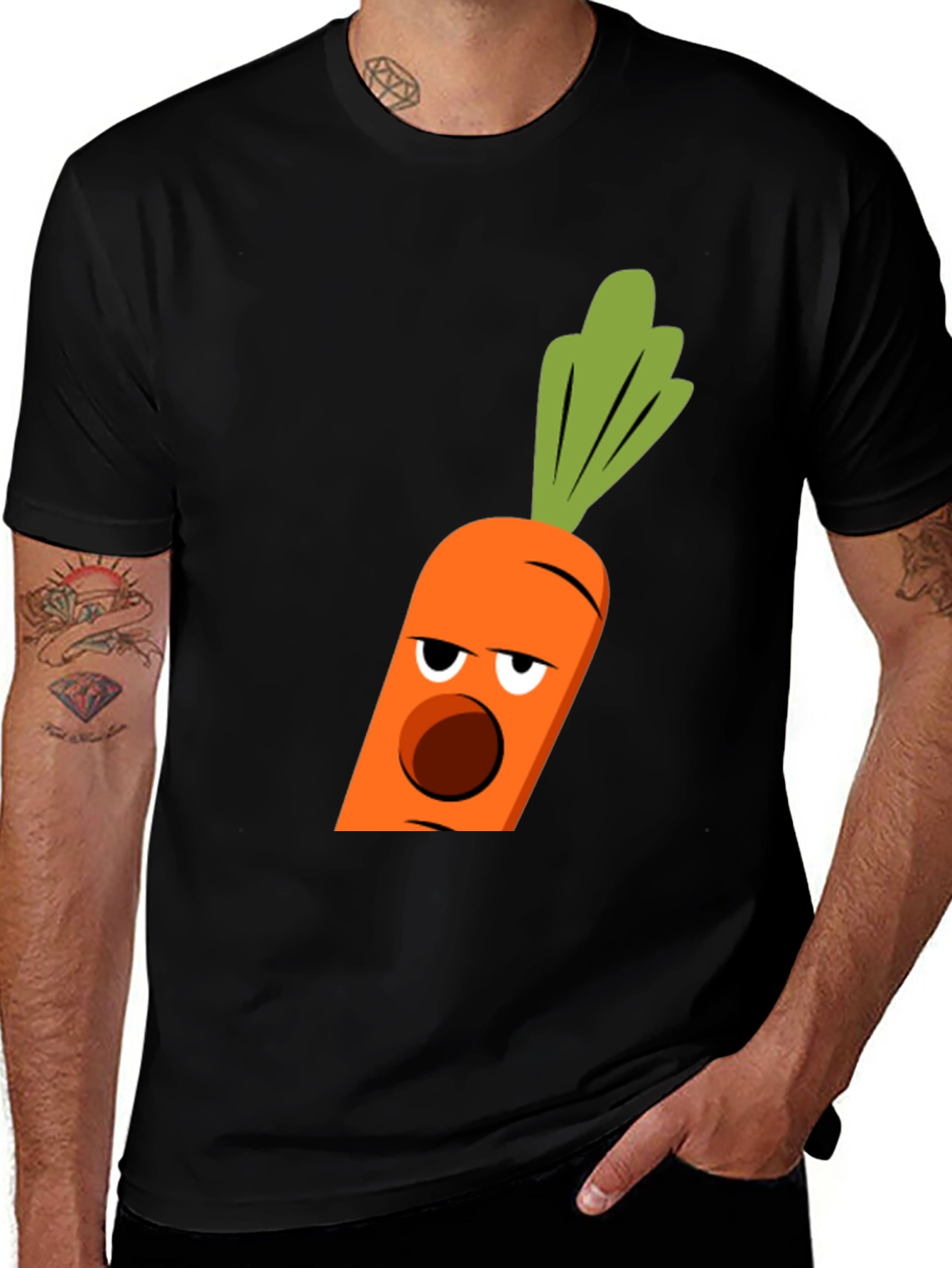 Variant 5 of Funny Carrot Face Graphic Tee - Black Cotton Blend T-Shirt