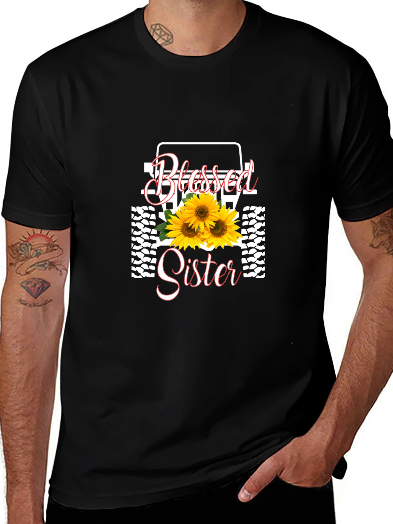 Blessed Sister Black T-Shirt Sunflower Graphic