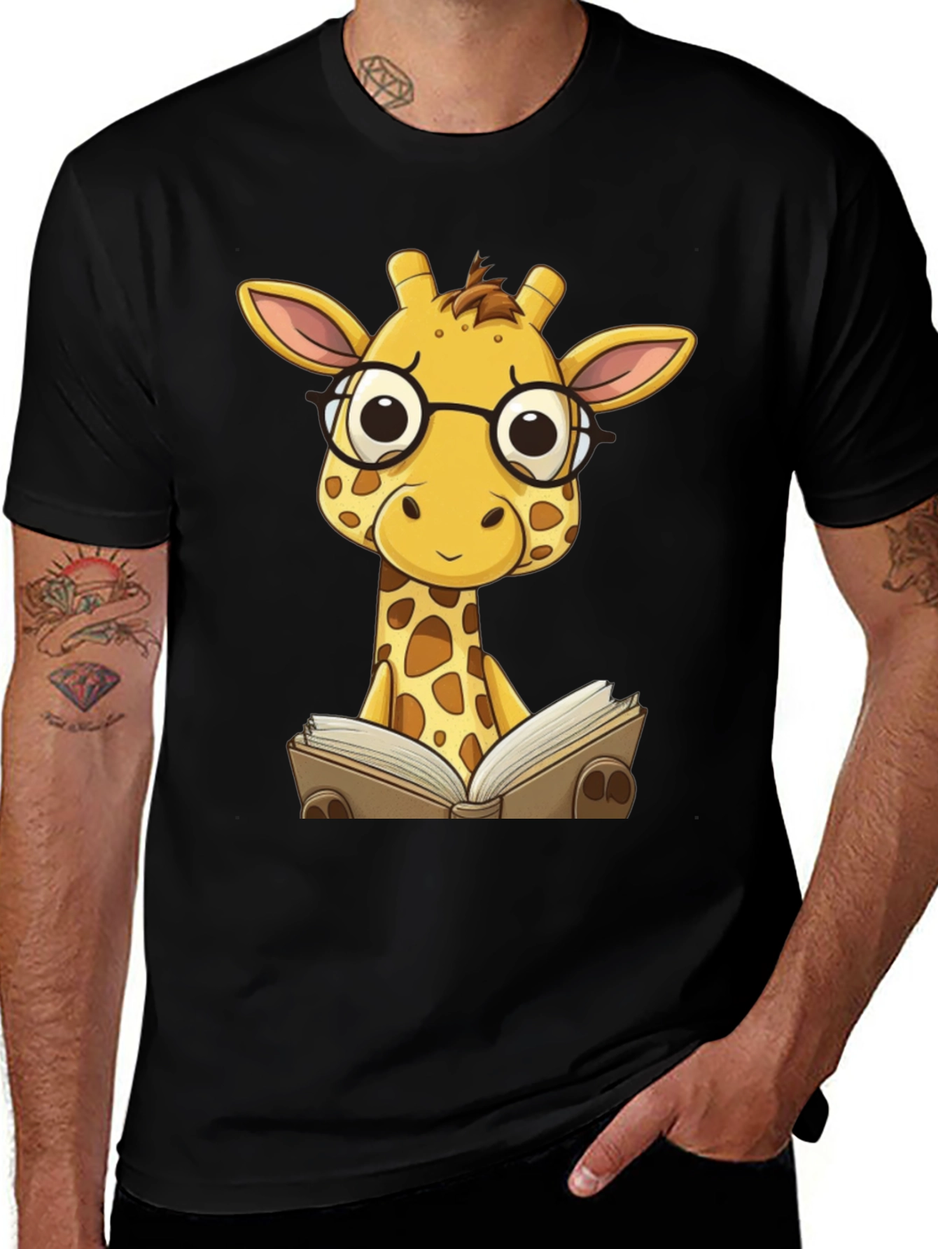 Giraffe Reading Black T-Shirt