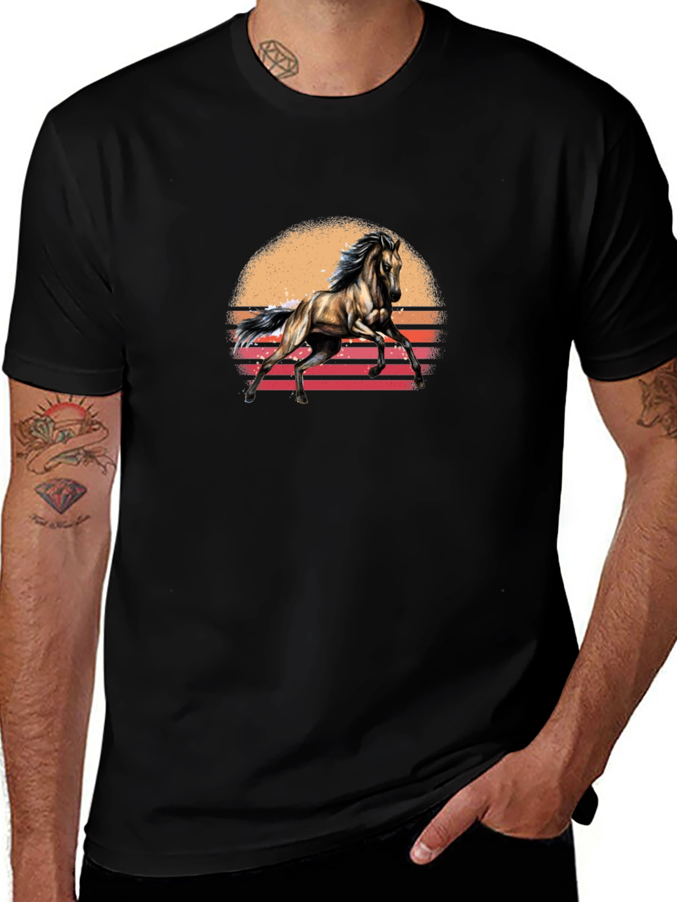 Variant 10 of Horse Sunset Graphic Tee - Stylish Black T-Shirt