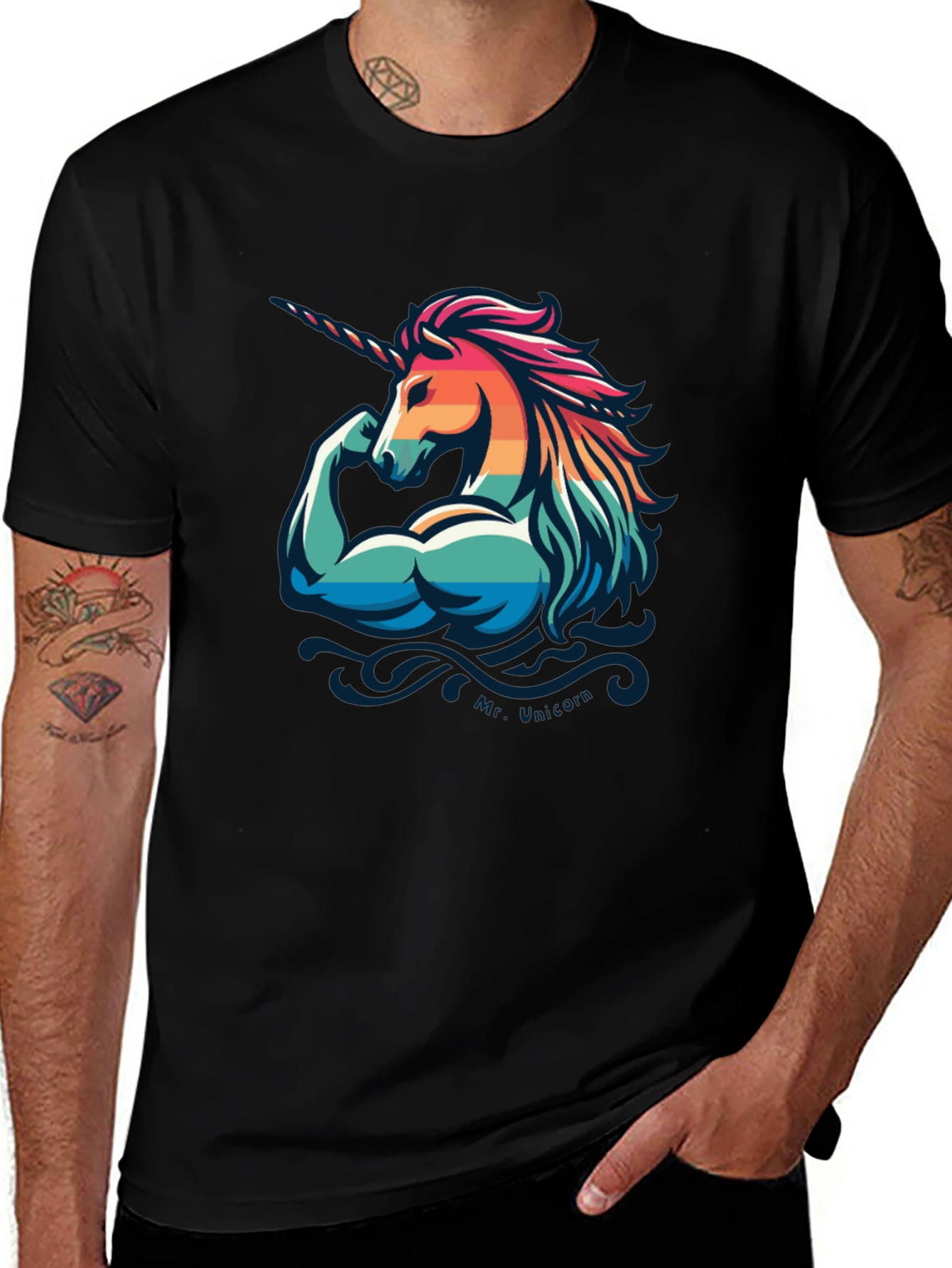 Variant 28 of Muscular Unicorn Graphic Tee - Black Cotton Shirt