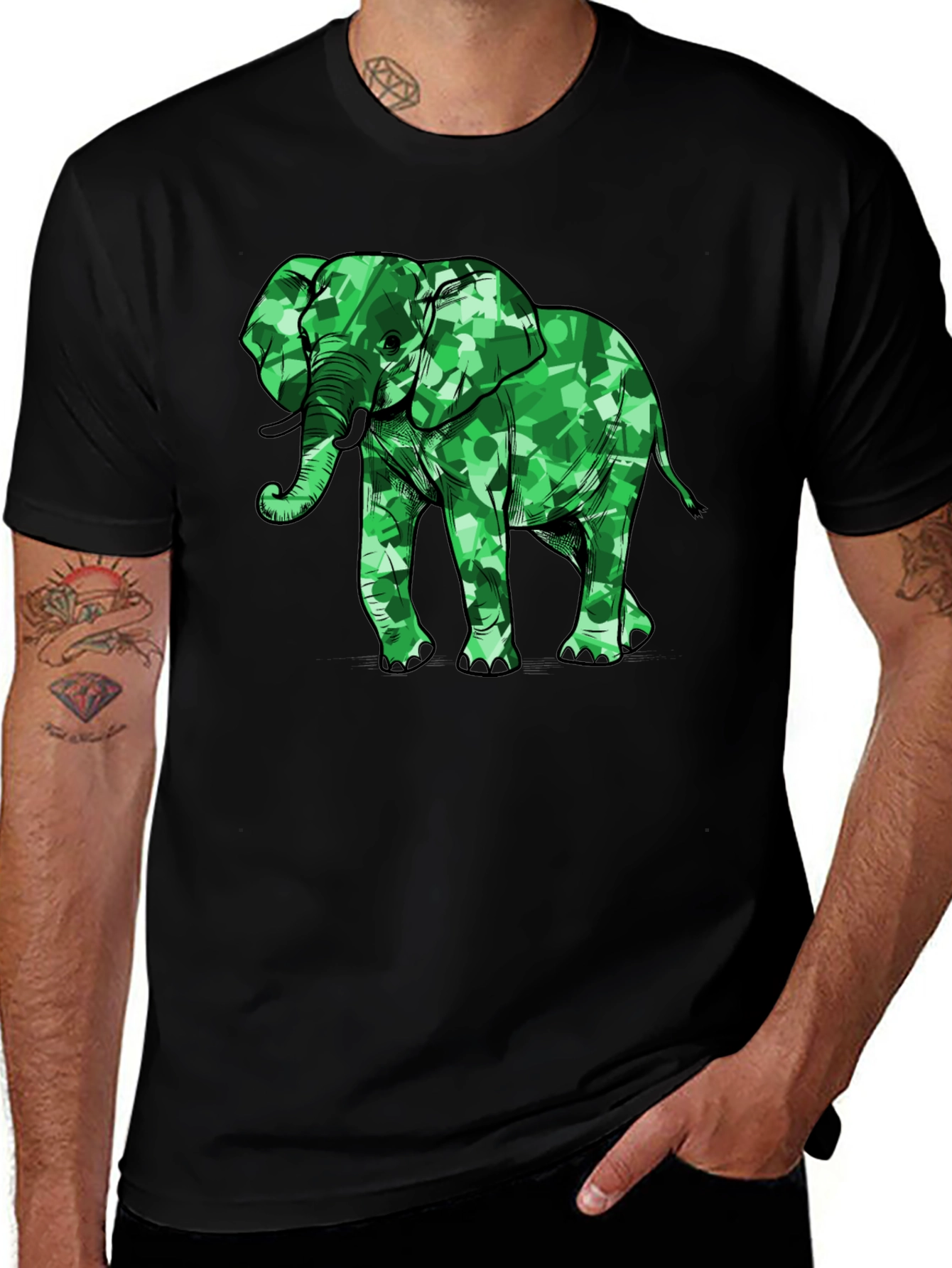 Variant 24 of Green Camo Elephant Graphic Black T-Shirt