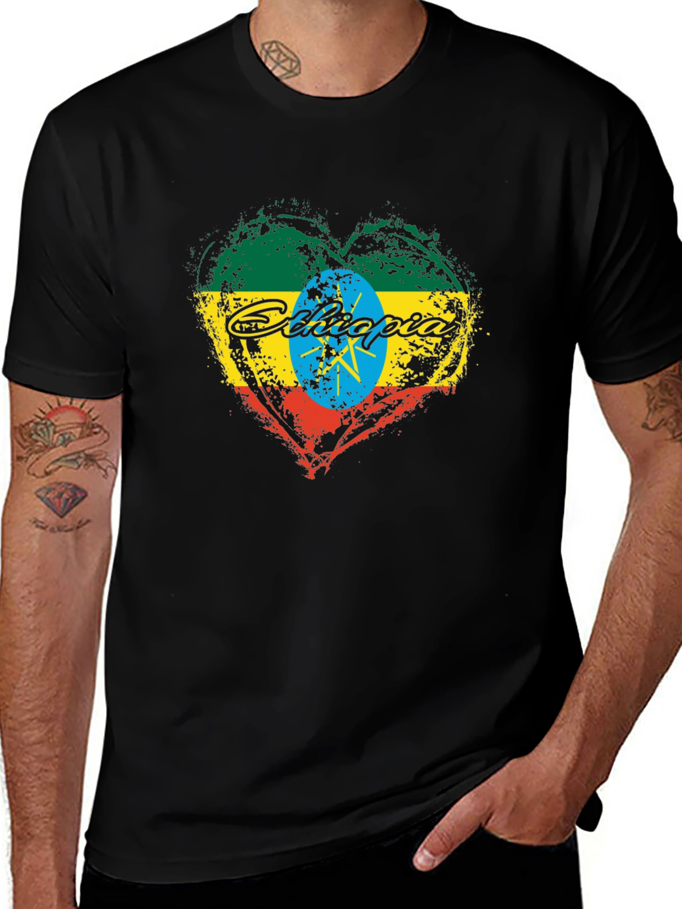 Ethiopia Flag Heart Graphic Black T-Shirt