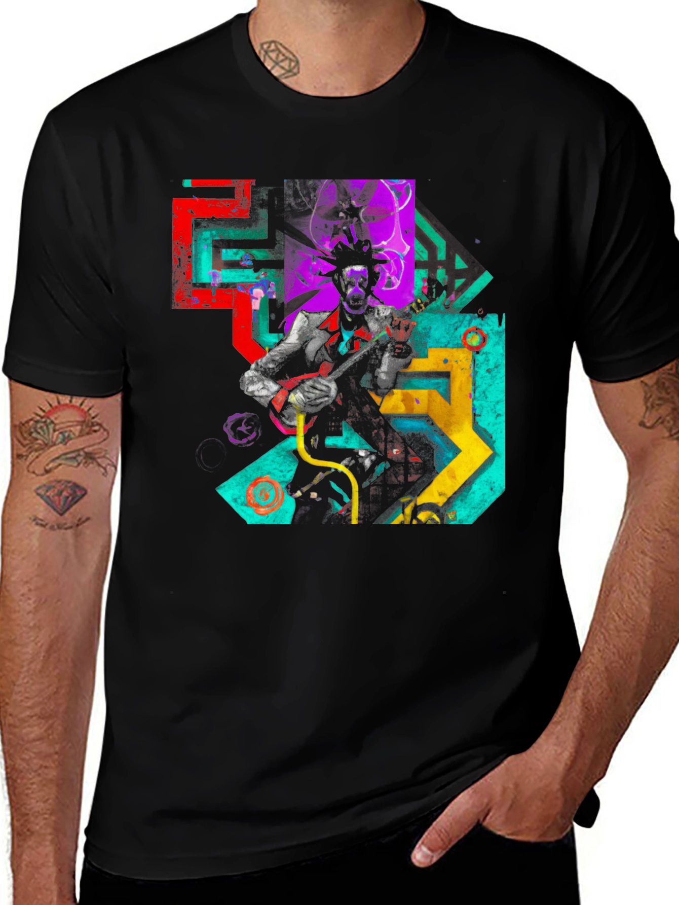Variant 6 of Abstract Musician Graphic Tee - Black Cotton Blend