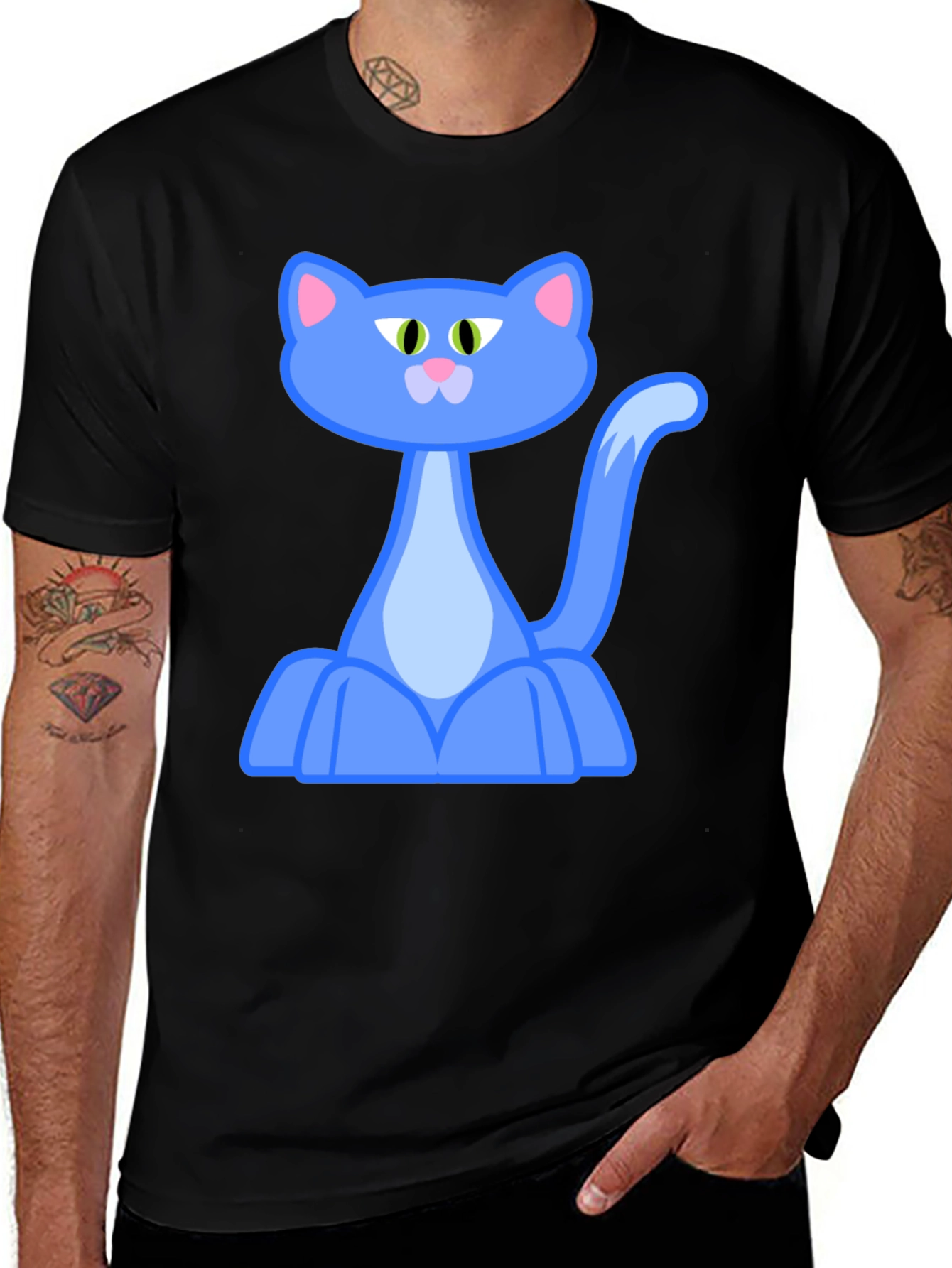 Black Blue Cartoon Cat Graphic Black T-Shirt main image