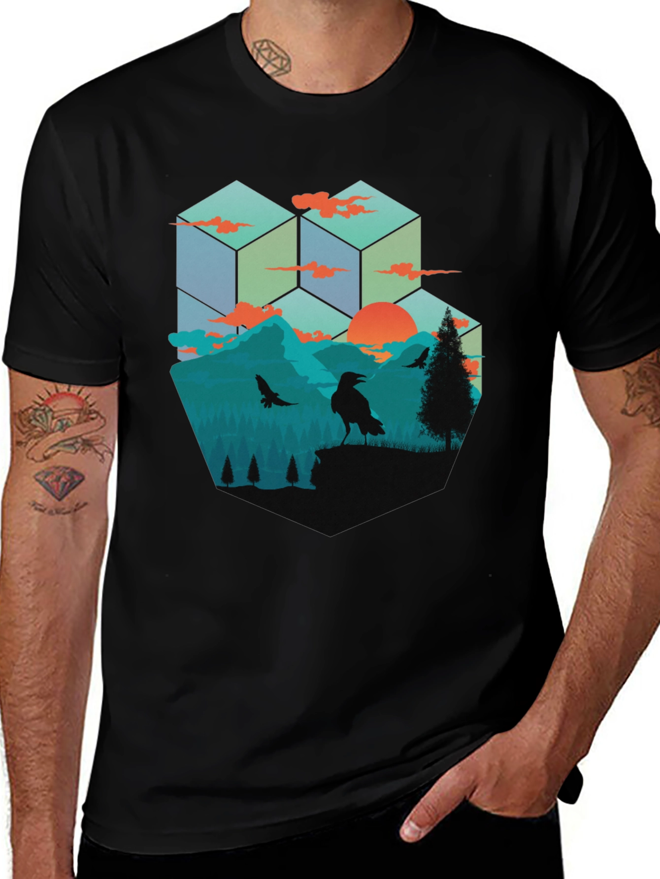 Variant 22 of Geometric Raven Silhouette Nature Scene T-Shirt