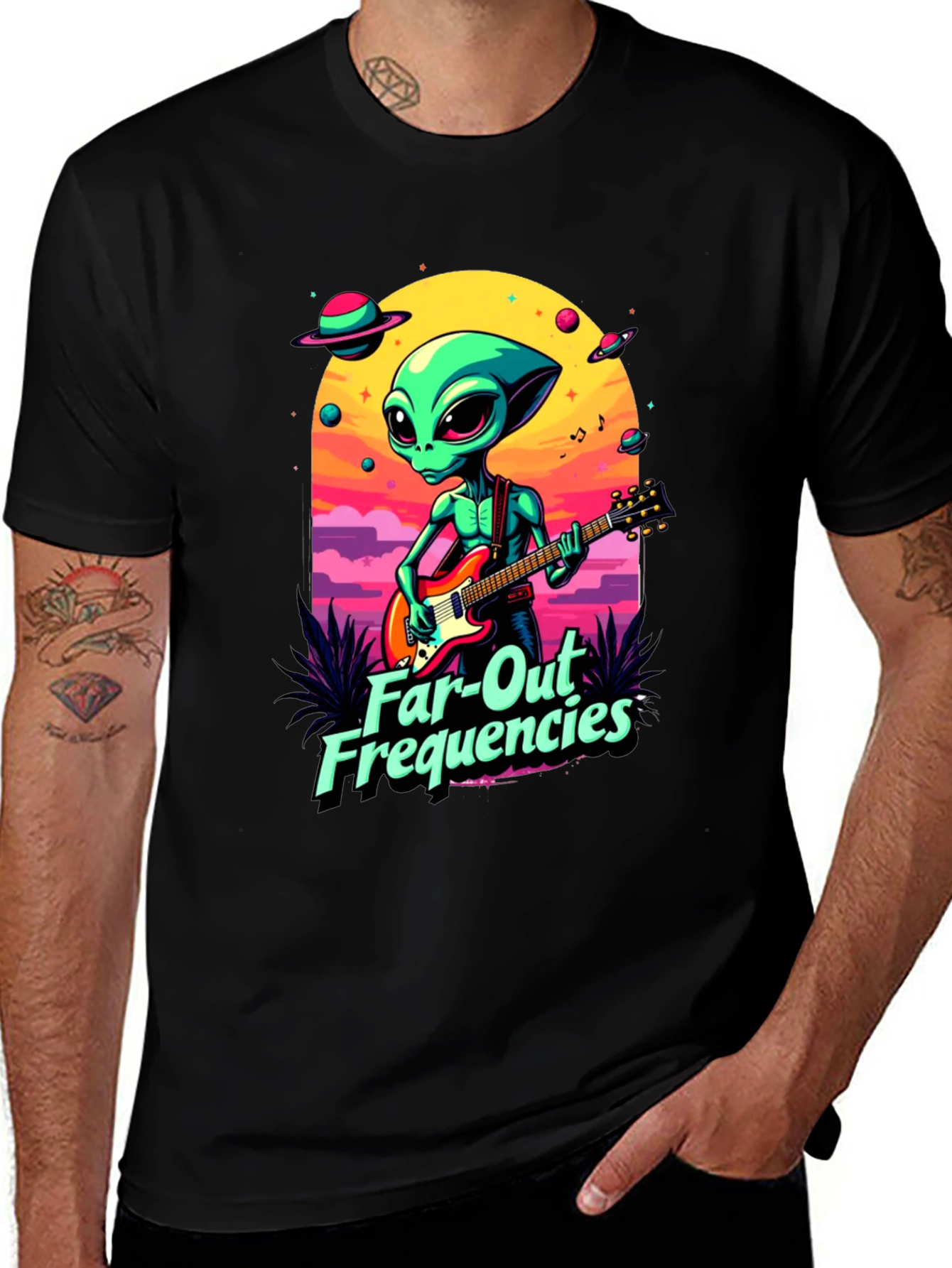 Variant 15 of Far-Out Frequencies Alien Guitarist T-Shirt