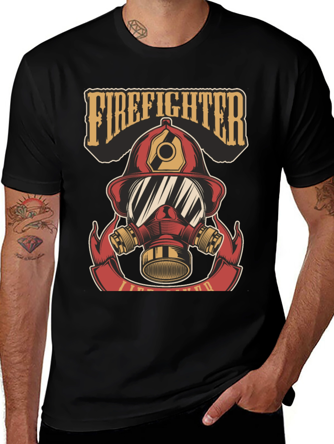 Variant 21 of Firefighter Helmet Graphic Tee - Black Cotton T-Shirt