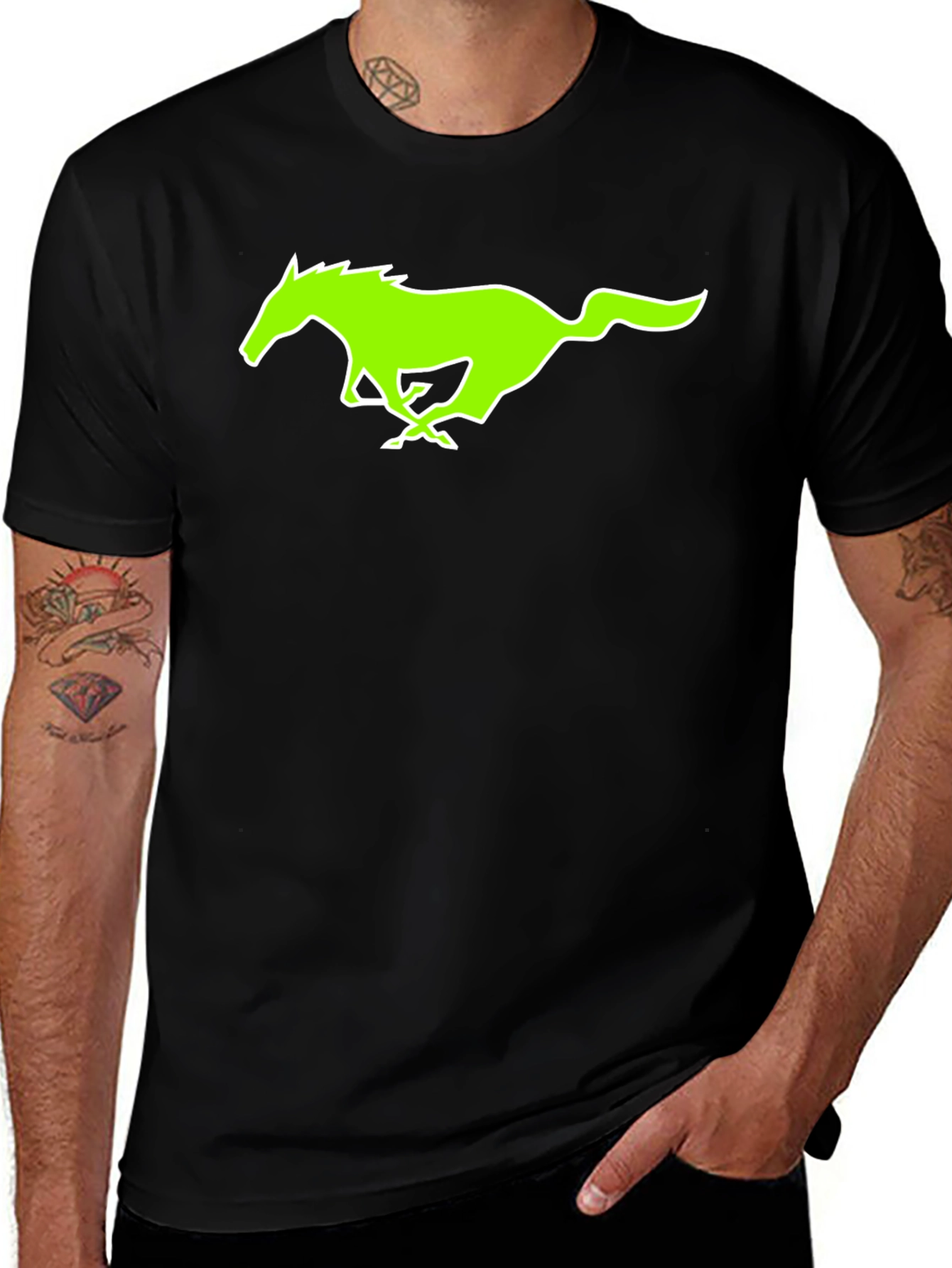 Variant 6 of Black T-Shirt with Green Horse Graphic