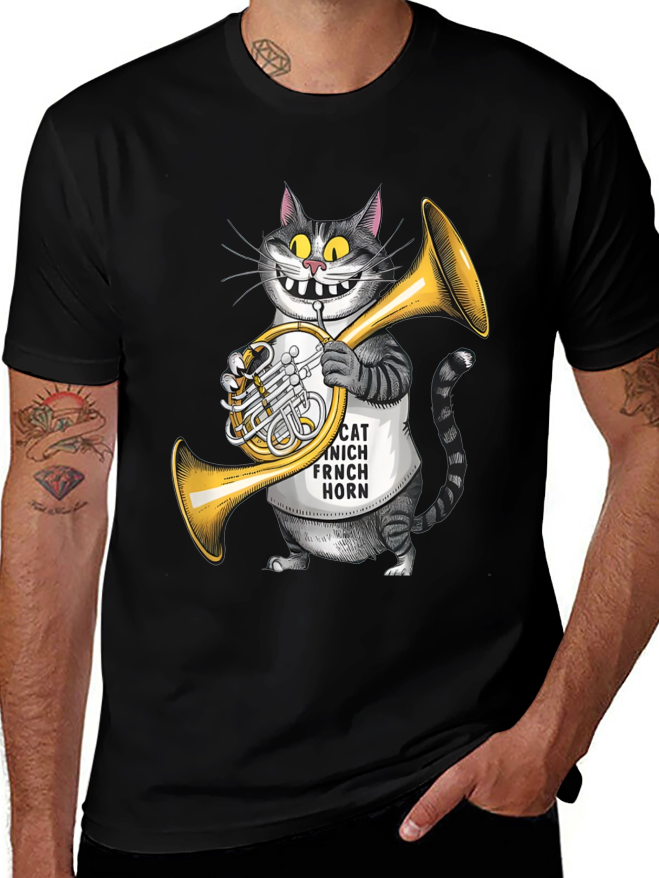 Black Funny Cat French Horn Player T-Shirt main image