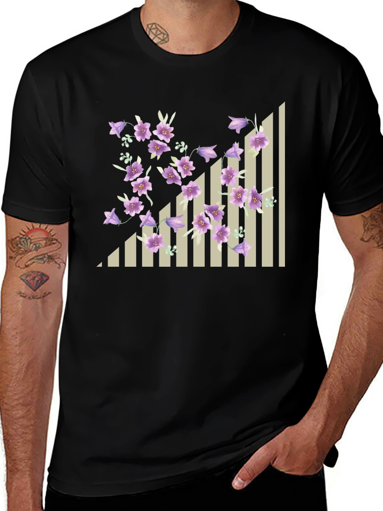 Variant 23 of Floral & Stripes Black T-Shirt