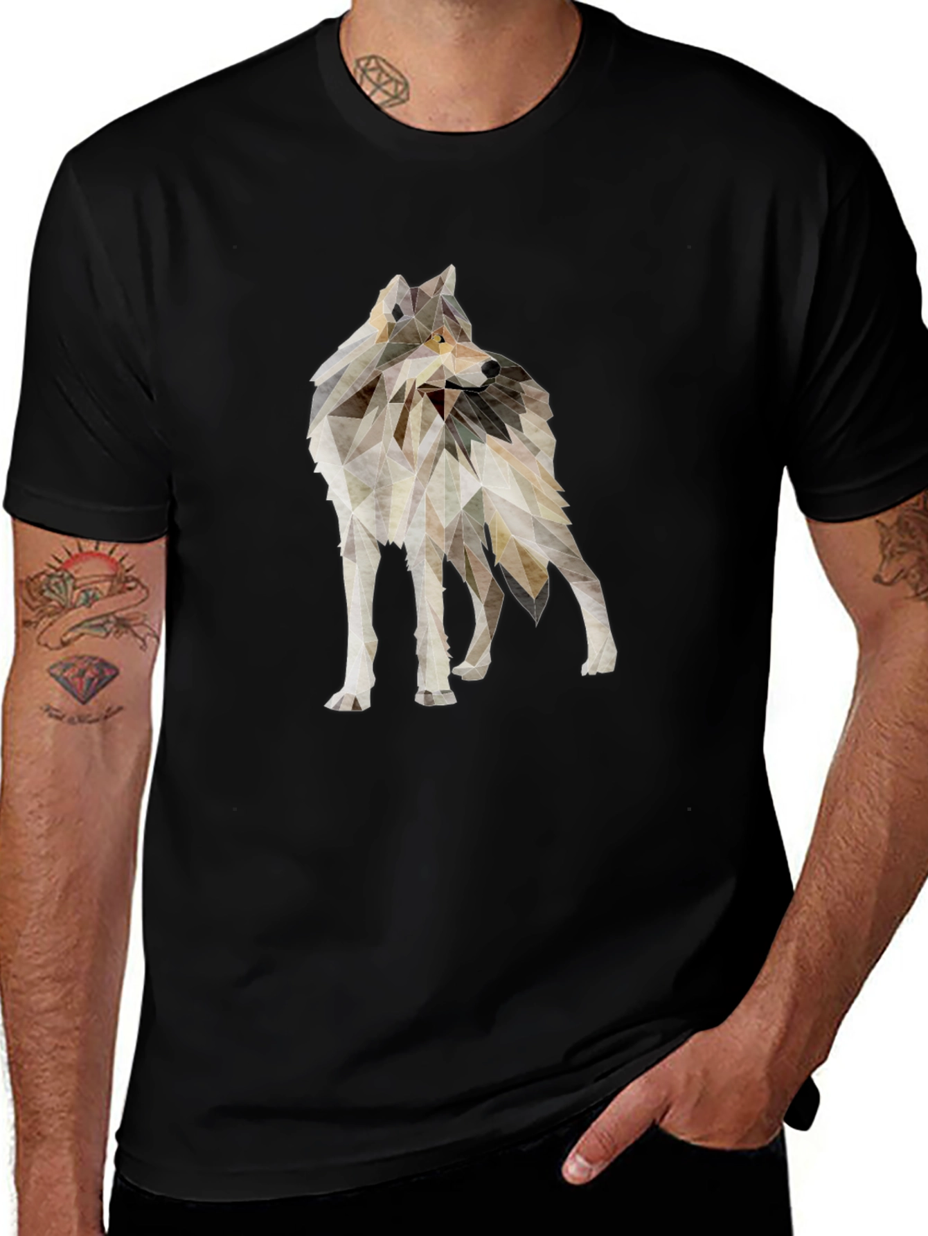 Variant 19 of Geometric Wolf Graphic Tee - Stylish Men's Black T-Shirt