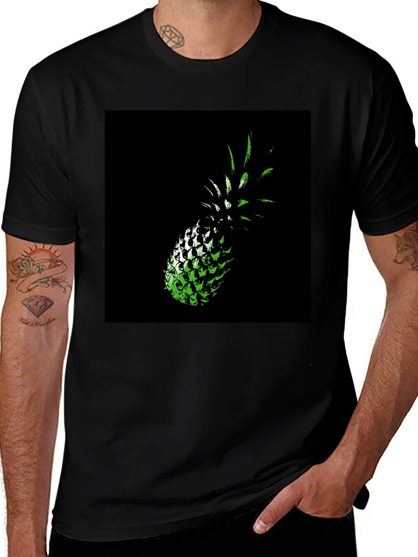 Variant 17 of Green Pineapple Graphic Print Black T-Shirt