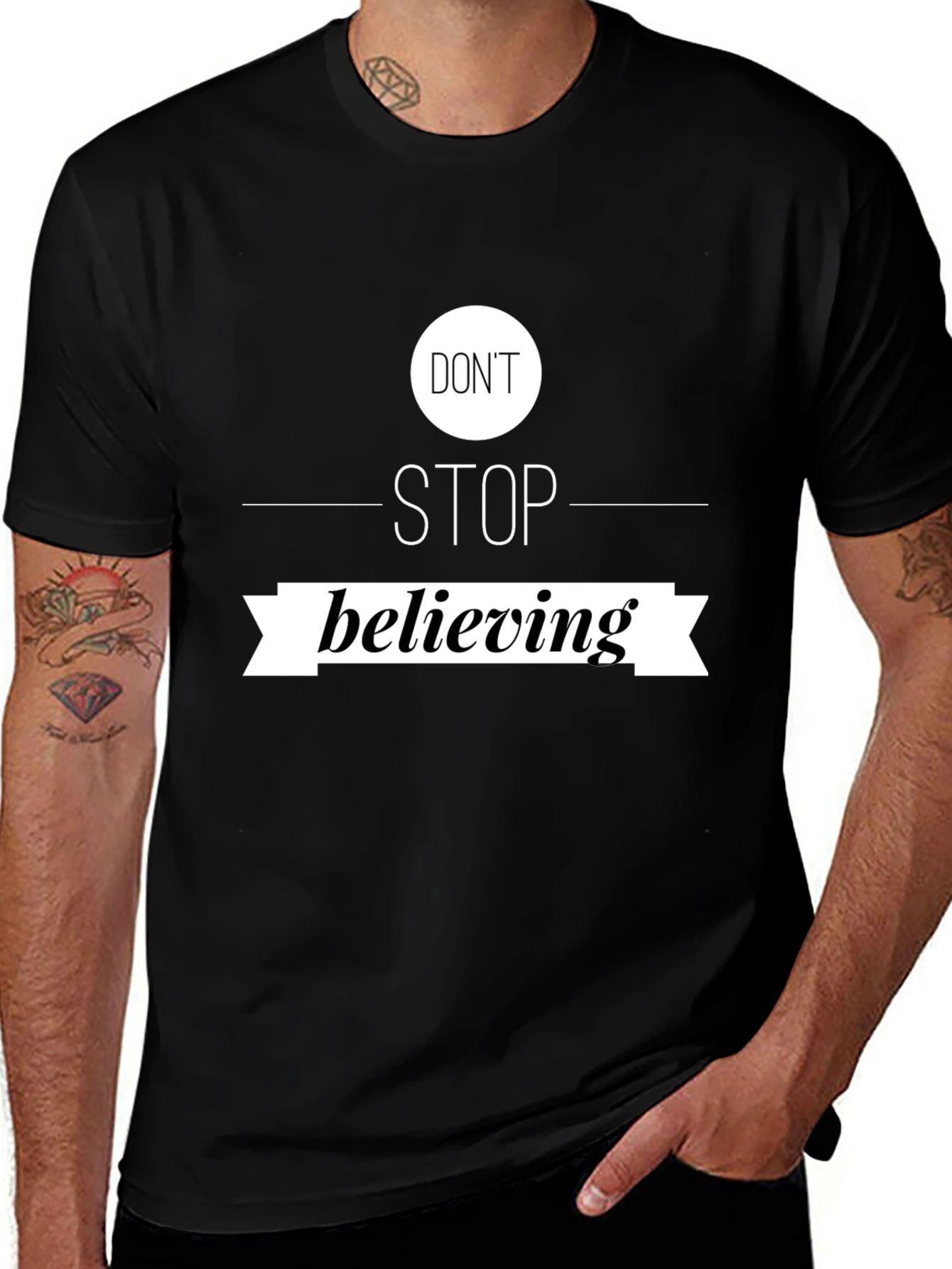Variant 8 of Don't Stop Believing Black Graphic Tee