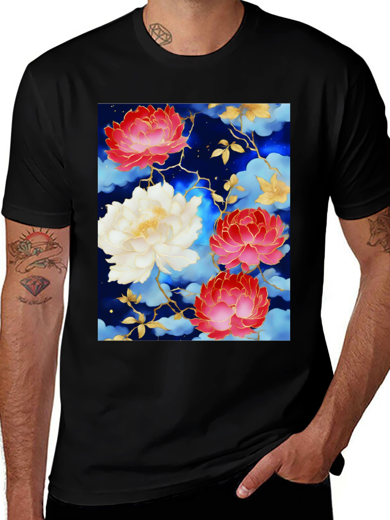 Variant 11 of Floral T-Shirt: Red, White, and Gold Design