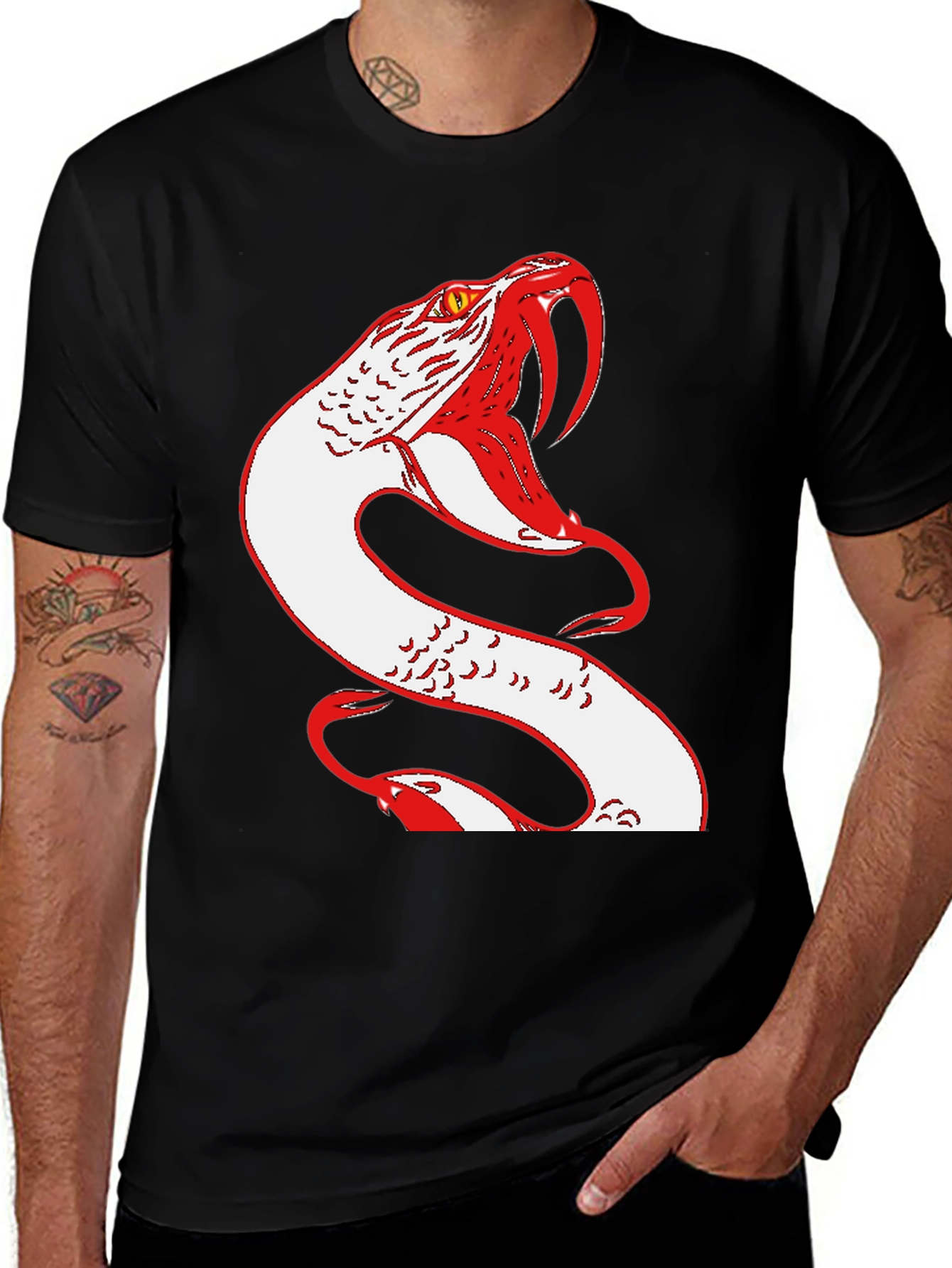 Variant 8 of Red & White Snake Graphic Black T-Shirt
