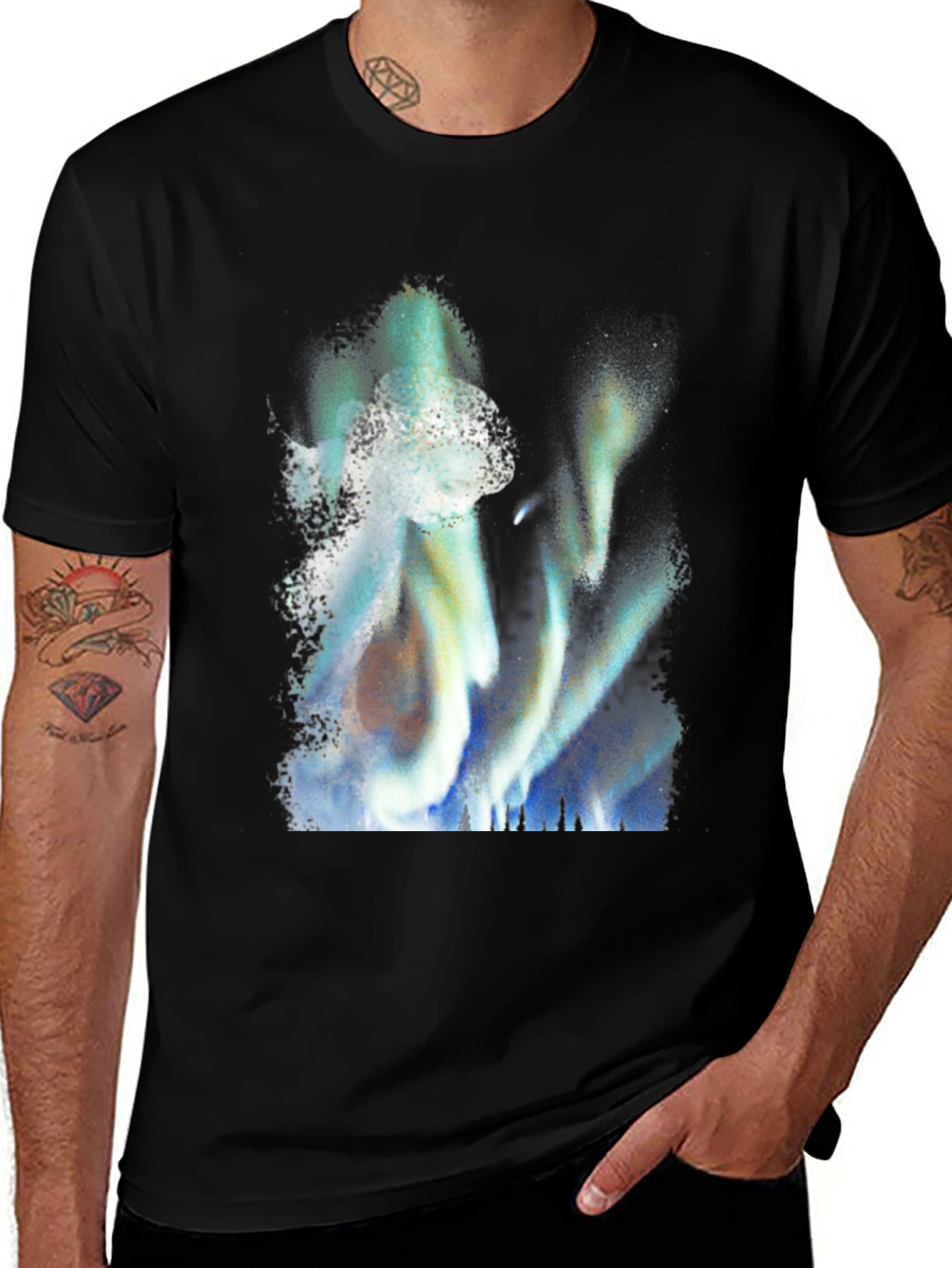 Variant 5 of Aurora Borealis Graphic Tee - Black Cotton Blend
