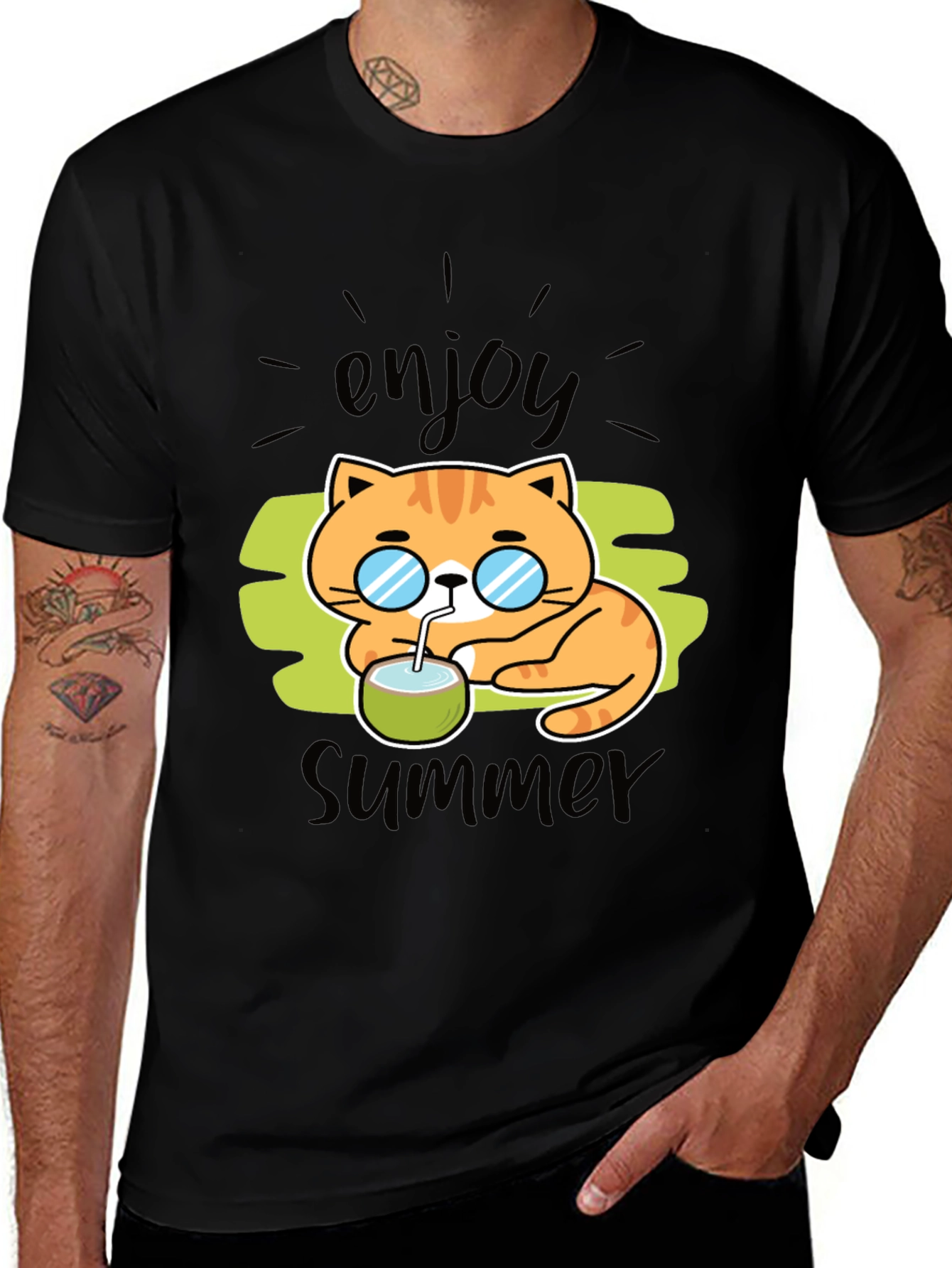 Enjoy Summer Cat Graphic T-Shirt - Black