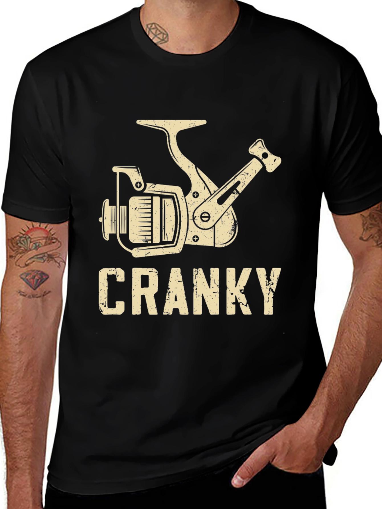 Cranky Fishing Reel Graphic T-Shirt - Black Cotton Blend