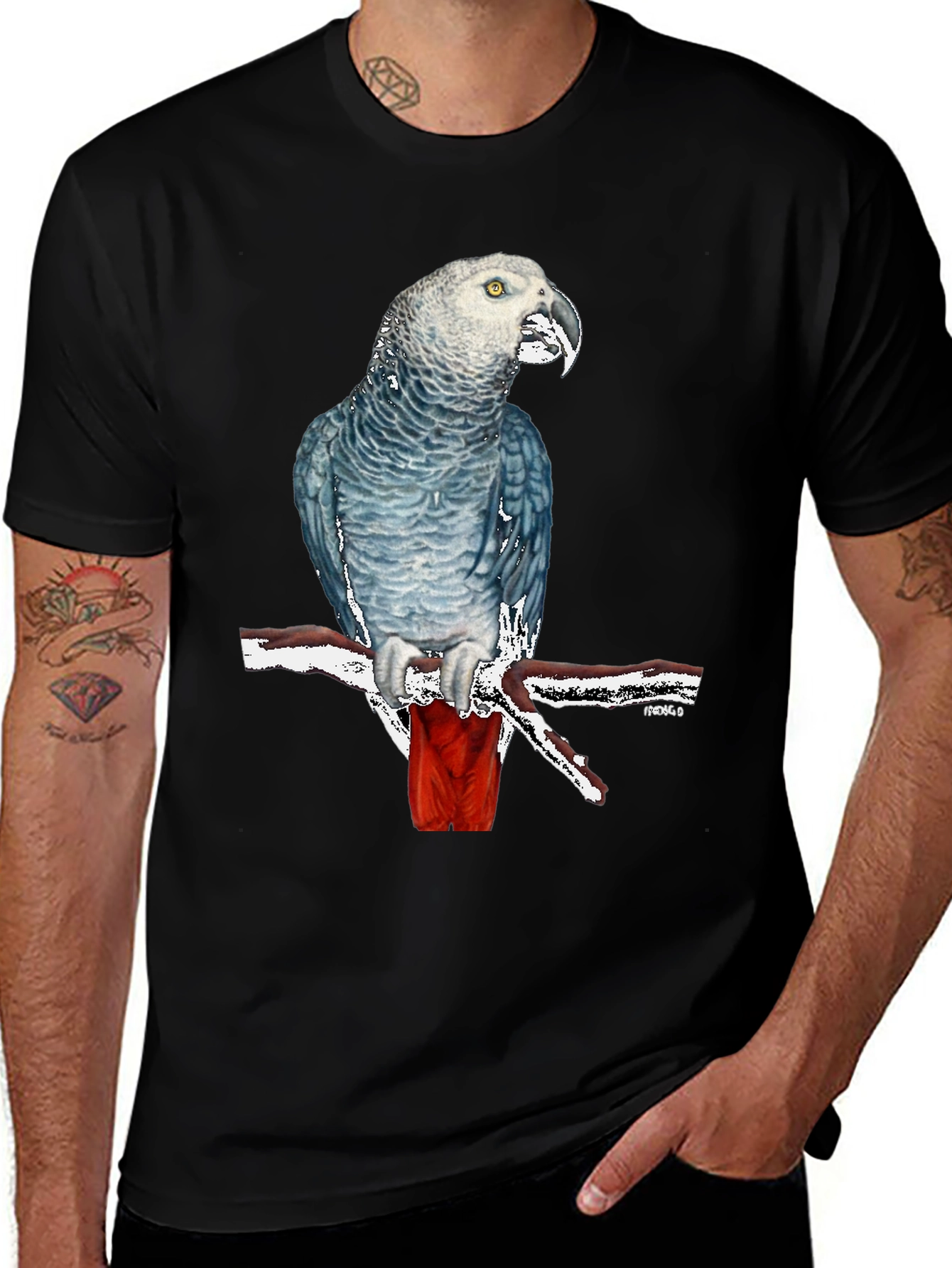 Variant 4 of African Grey Parrot Graphic T-Shirt - Unisex Black Tee
