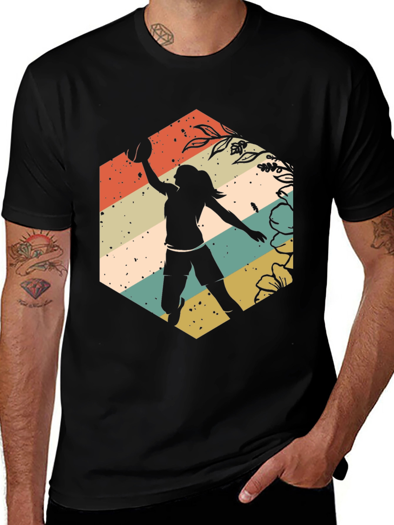 Black Retro Volleyball Player Graphic T-Shirt main image
