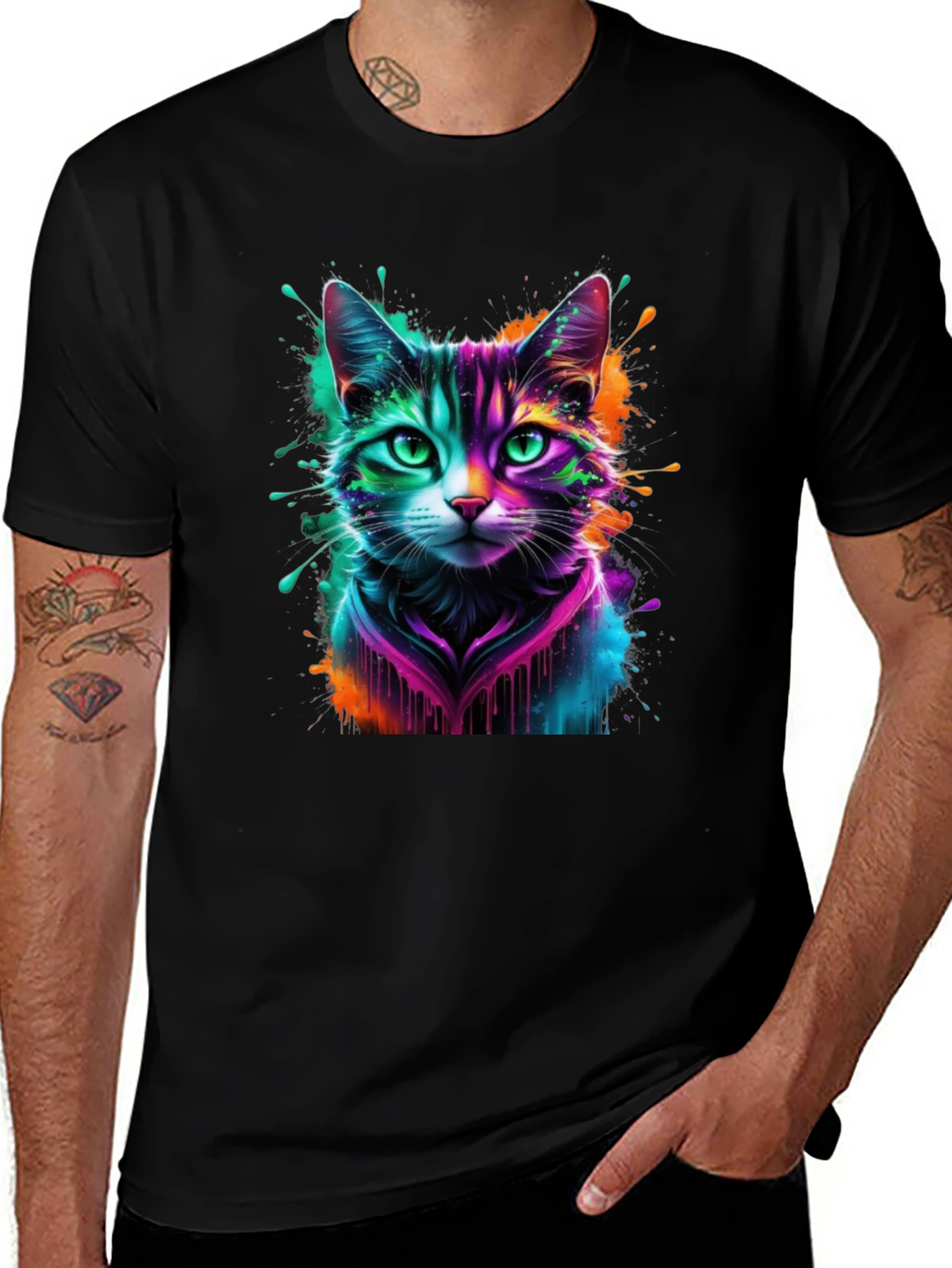 Variant 14 of Neon Cat Graphic T-Shirt - Men's Black Tee