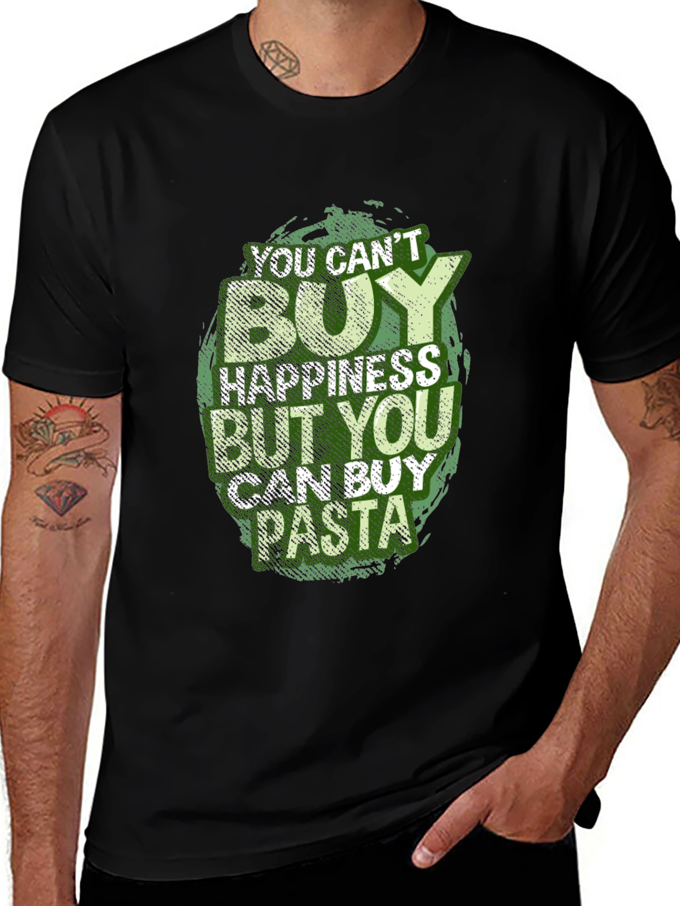 Variant 15 of Pasta Lover Black Graphic Tee - You Can't Buy Happiness