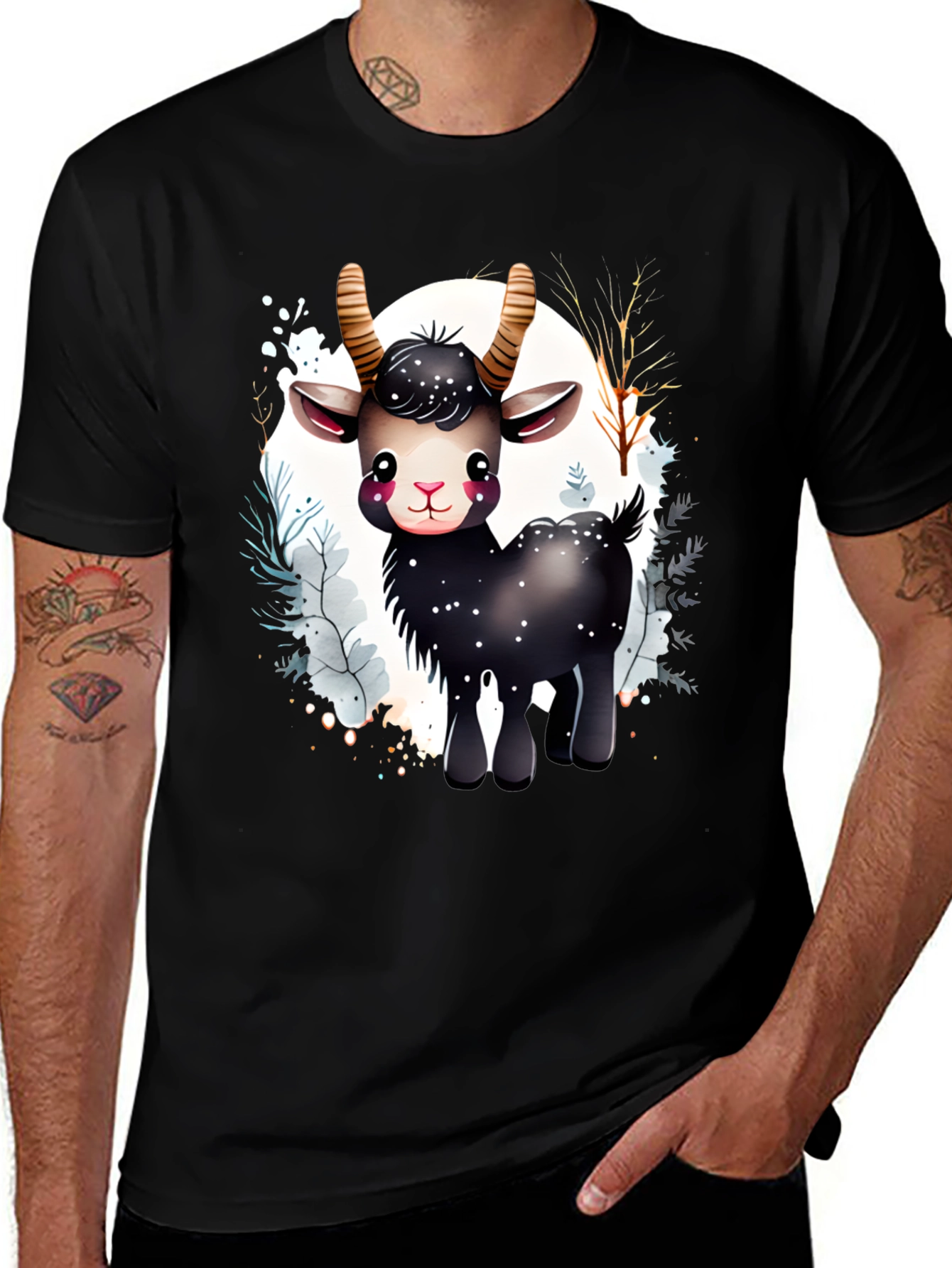 Variant 27 of Cute Cartoon Goat Graphic Tee - Black