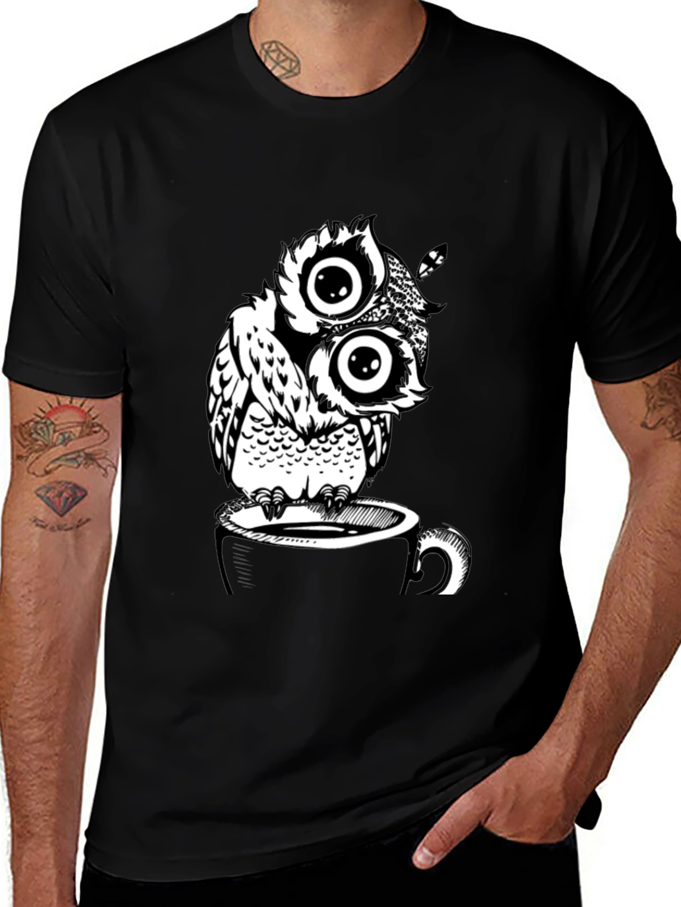 Variant 10 of Owl on Coffee Cup Graphic T-Shirt - Black