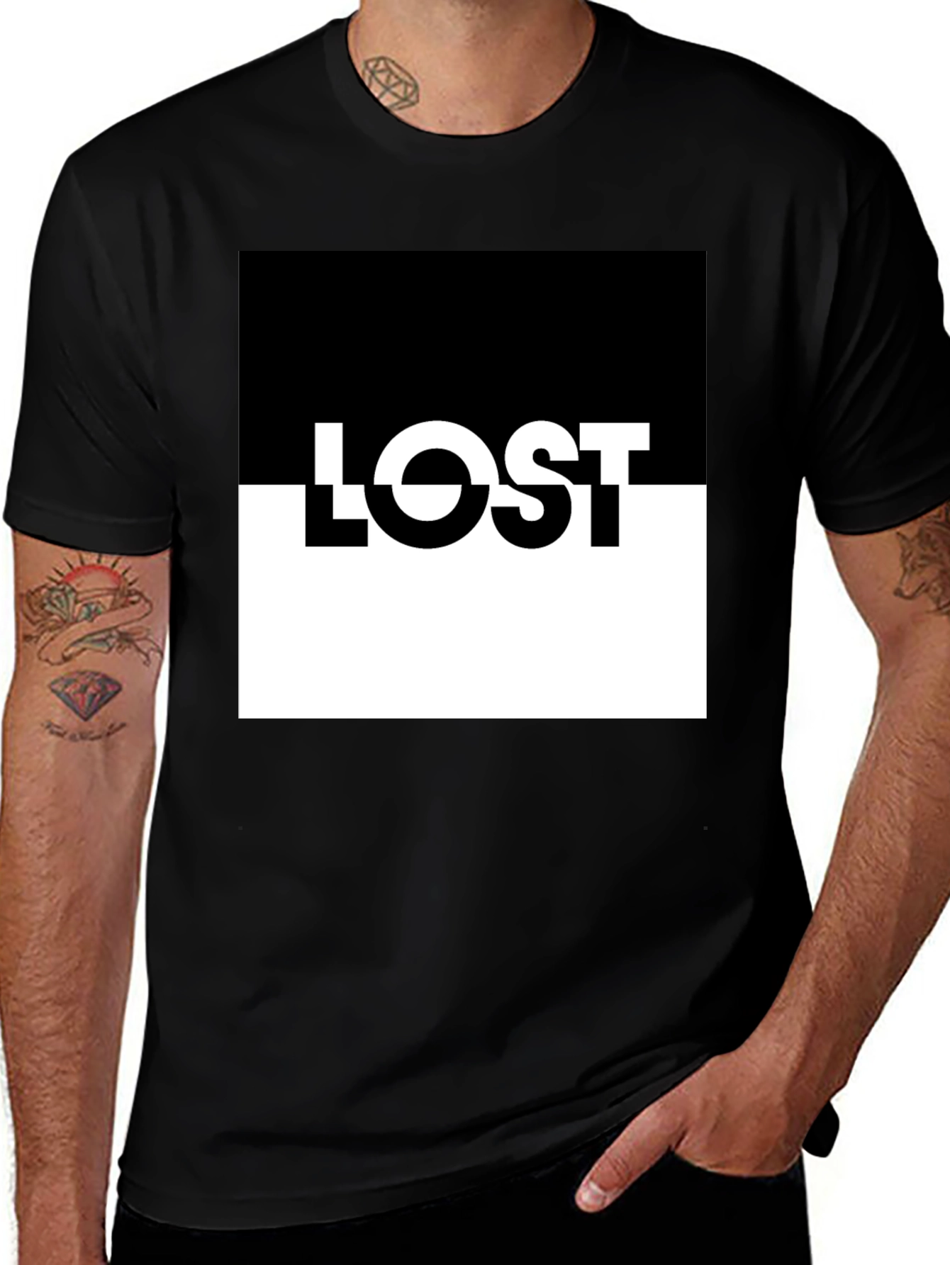 Variant 17 of LOST Graphic Tee: Black & White Split Design