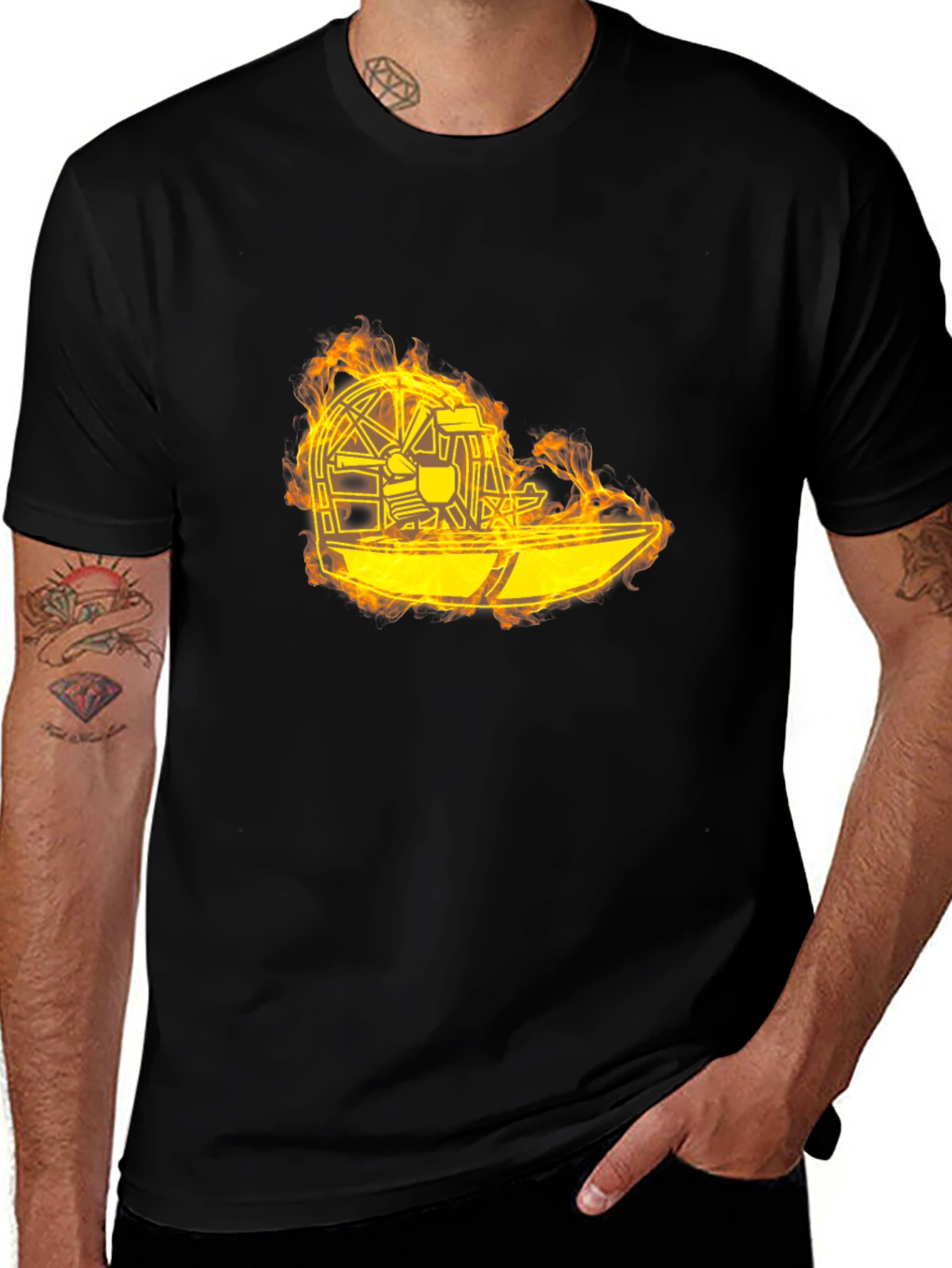 Variant 12 of Flaming Airboat Graphic Tee - Black Cotton