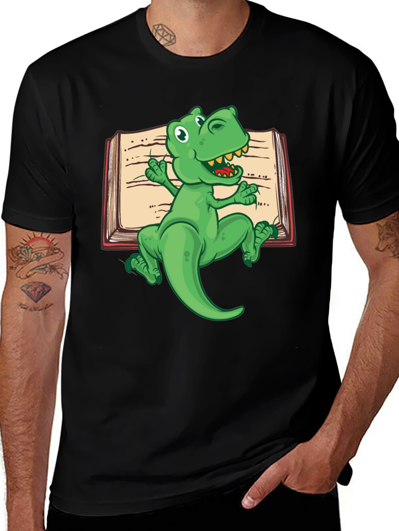 Variant 4 of Dino Book T-Shirt: Green Cartoon Dinosaur Reading Novel Tee