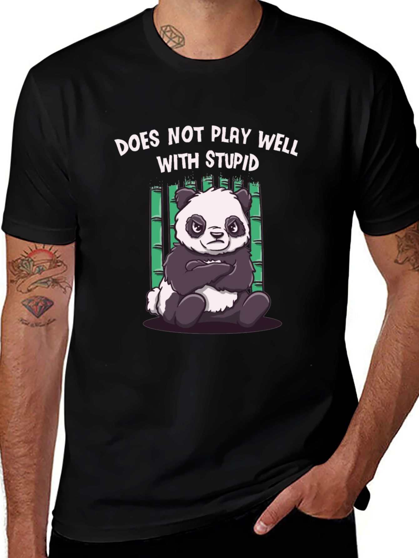 Variant 14 of Grumpy Panda T-Shirt: Does Not Play Well With Stupid