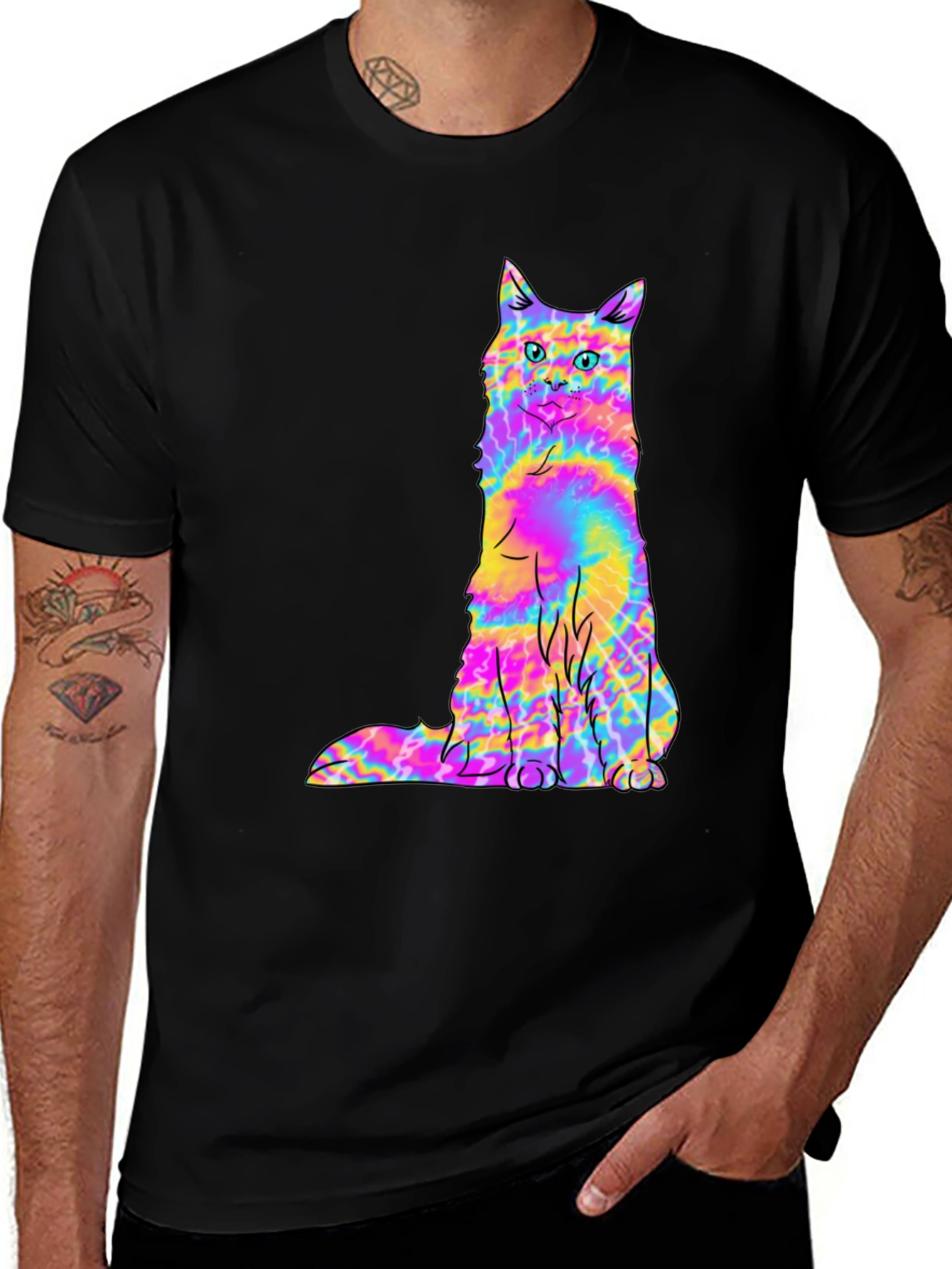 Variant 25 of Psychedelic Tie-Dye Cat Graphic Black Tee