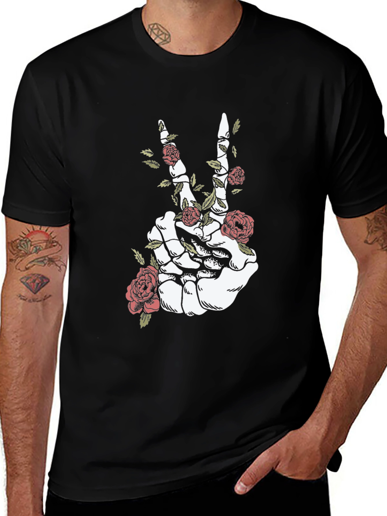 Variant 27 of Skeleton Peace Sign Rose Graphic Tee - Black