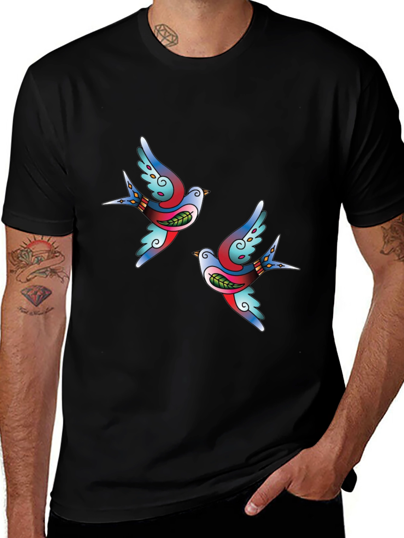 Classic Tattoo Swallow Bird Graphic Tee - Soft Black