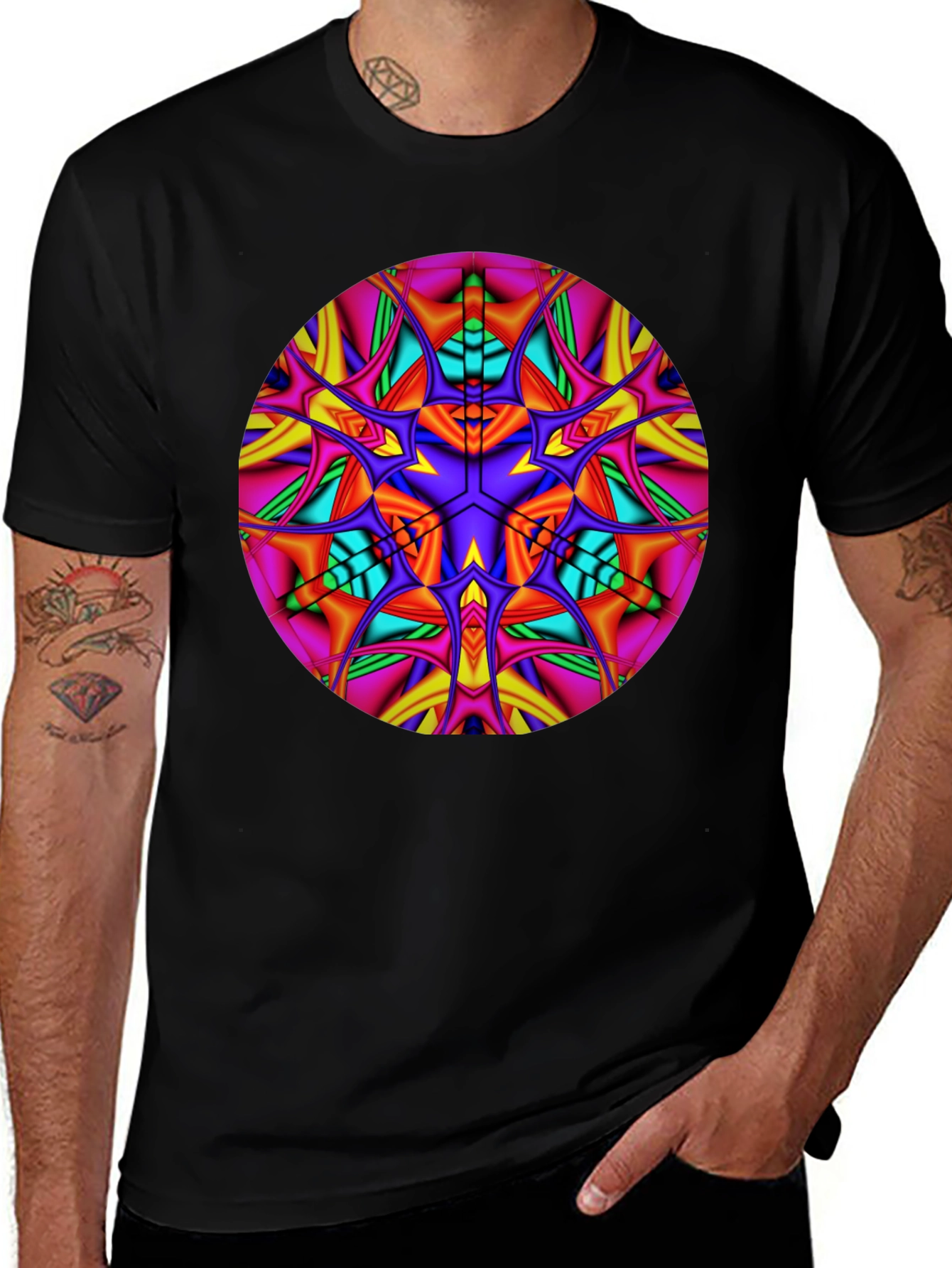 Variant 21 of Vibrant Kaleidoscope Mandala Graphic Tee - Black