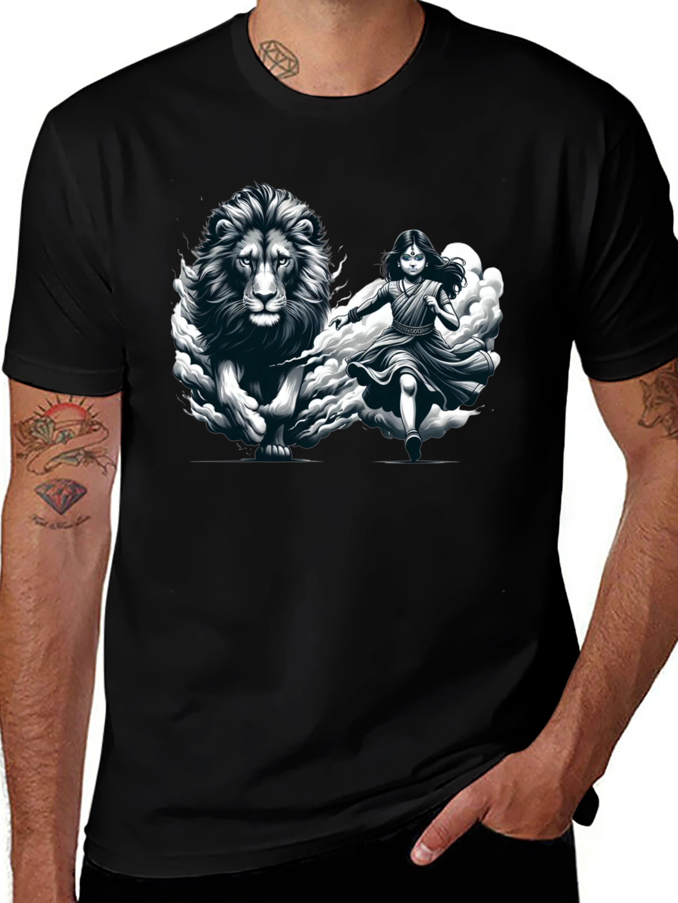 Lion & Girl Graphic Print Black T-Shirt