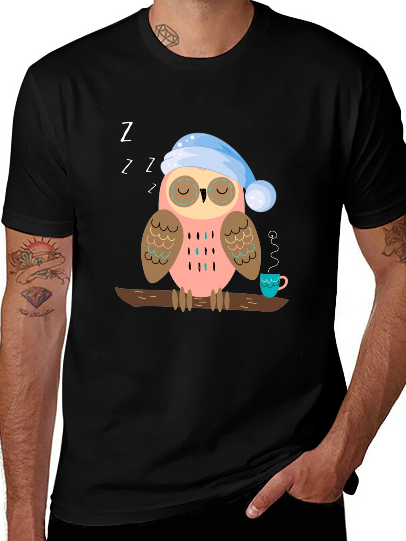 Variant 22 of Sleepy Owl Graphic T-Shirt - Unisex Black Tee