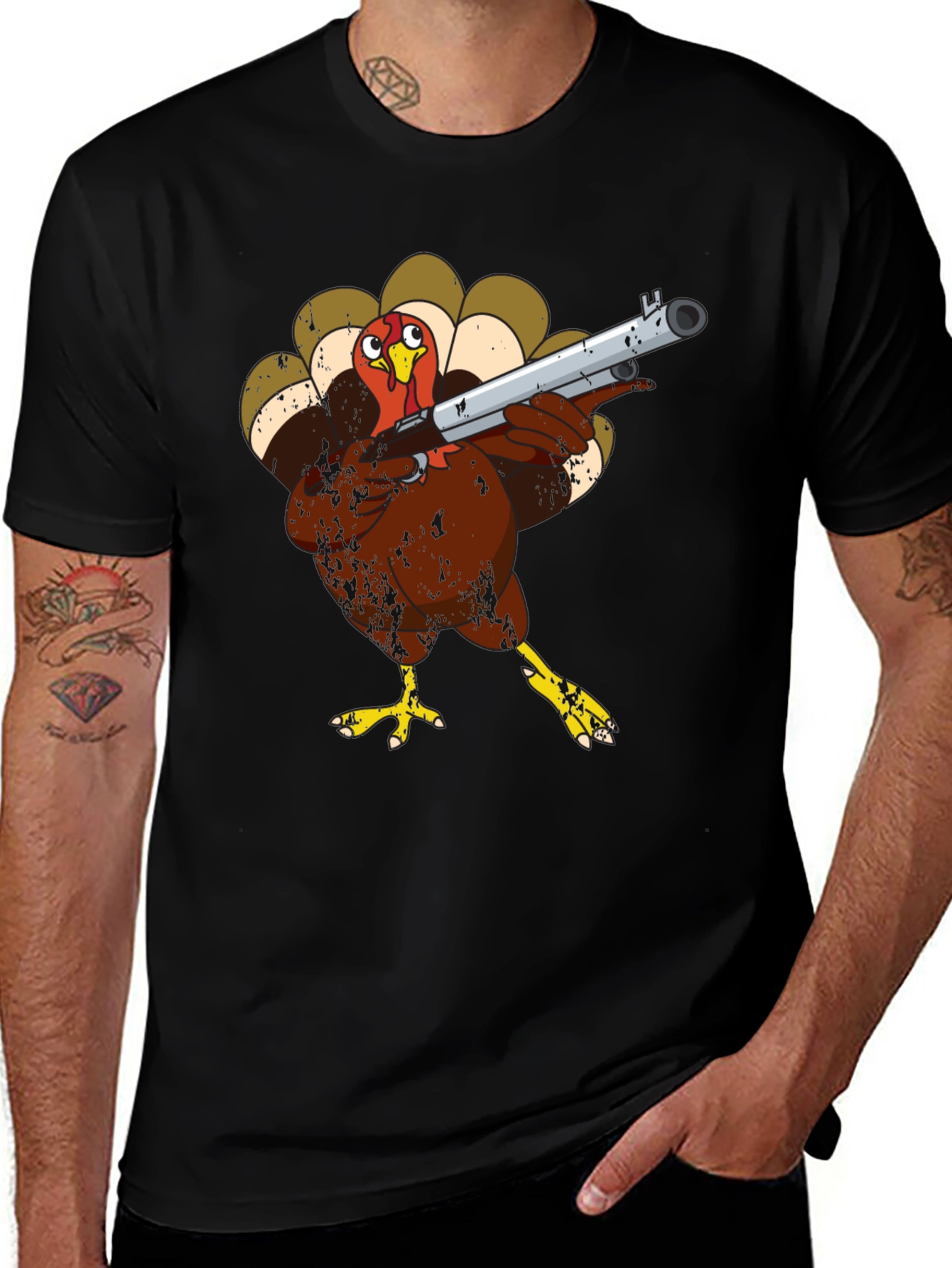 Variant 5 of Turkey with Shotgun Black T-Shirt - Funny Thanksgiving Tee