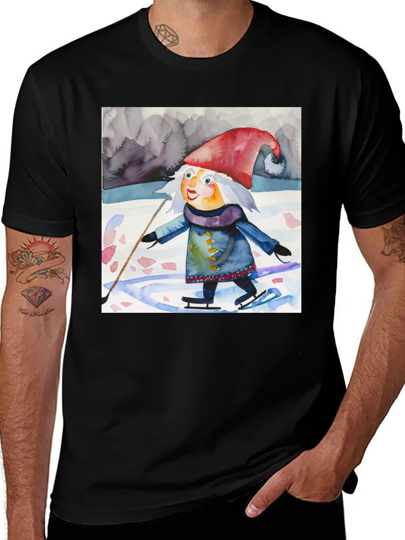 Whimsical Watercolor Gnome Ice Skating T-Shirt
