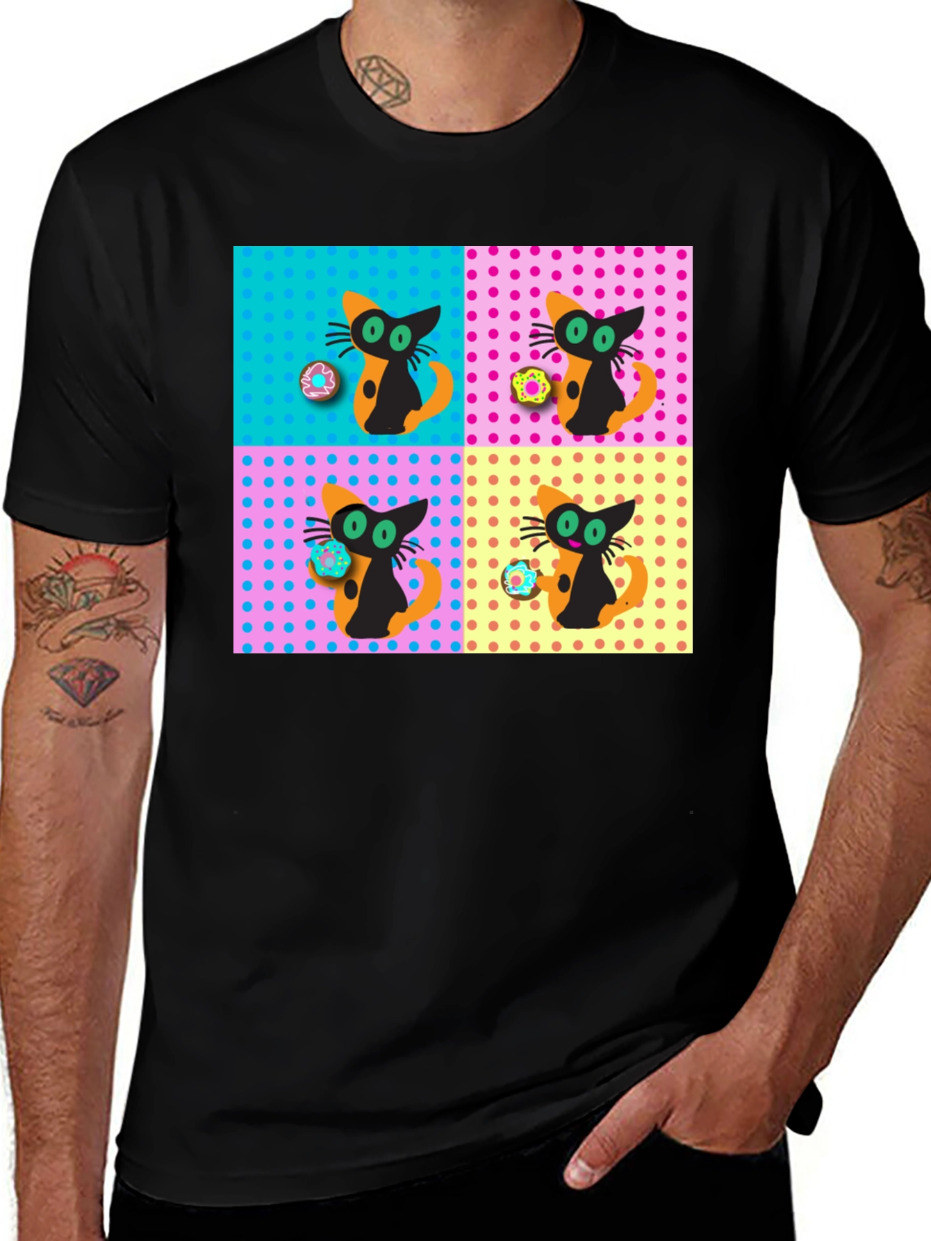 Variant 25 of Retro Cat & Donut Pattern Graphic Tee