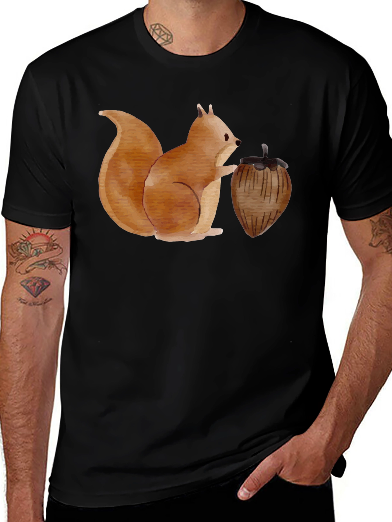Variant 7 of Squirrel & Nut Graphic Tee - Black Cotton Casual Comfort