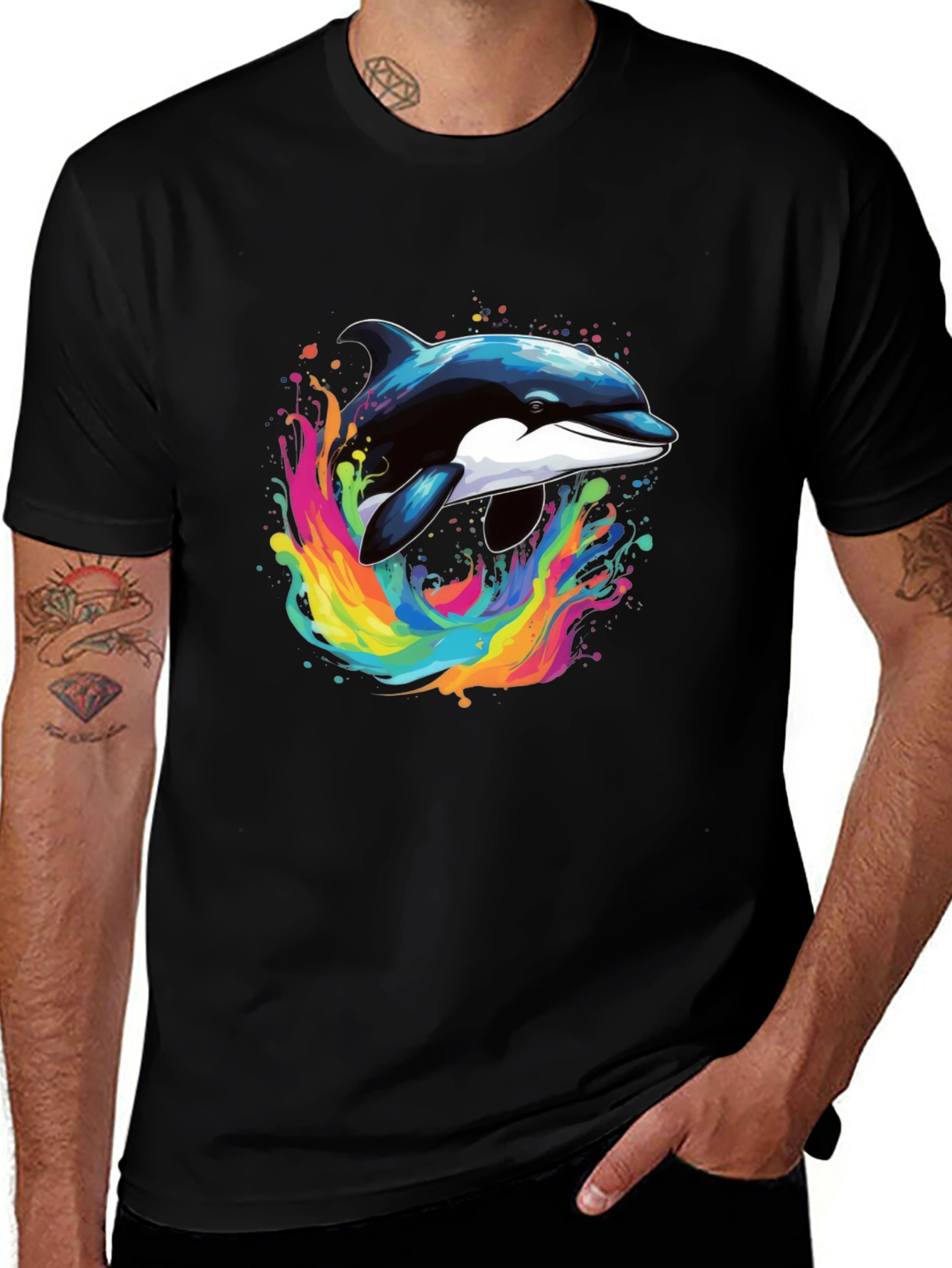 Variant 6 of Vibrant Dolphin Splash Graphic Tee - Black