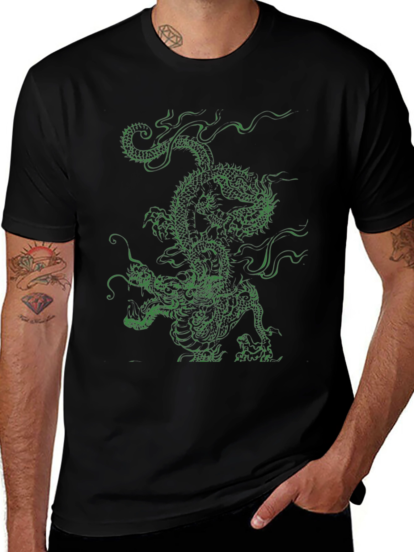 Variant 5 of Green Dragon Graphic Tee - Black Cotton T-Shirt