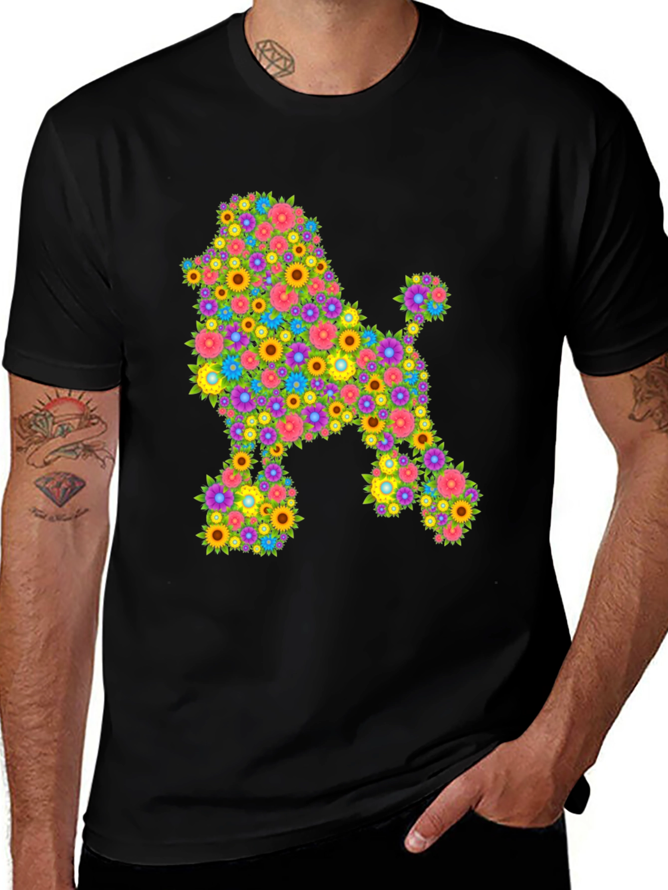 Variant 18 of Floral Poodle Graphic Tee - Black Cotton Blend