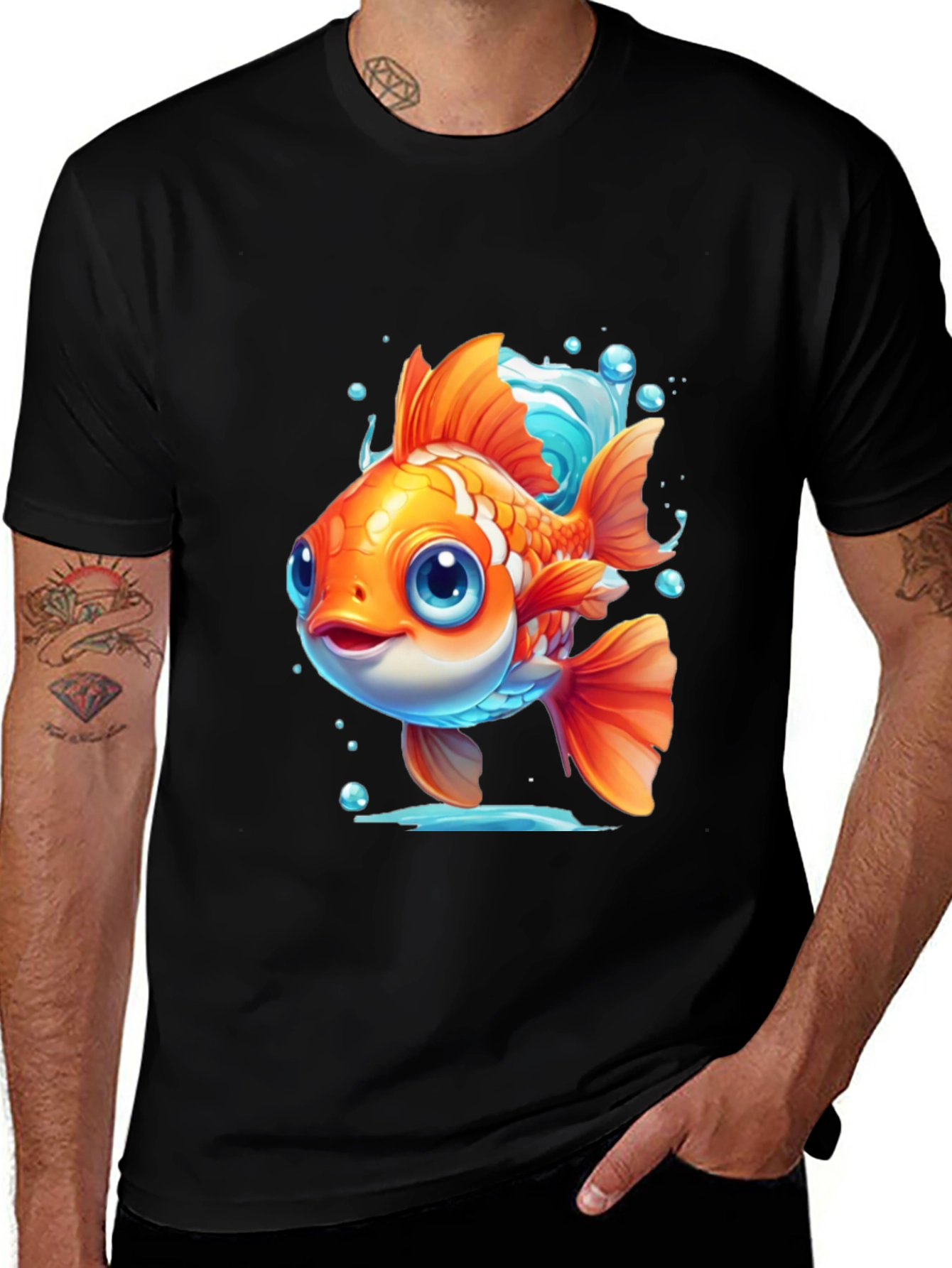 Cartoon Goldfish Graphic Tee - Black