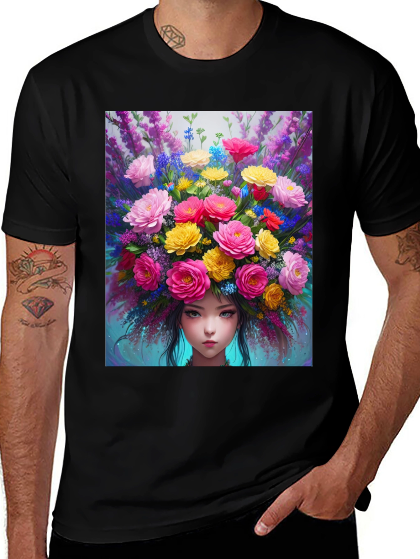 Variant 20 of Floral Girl Graphic Print Black Tee