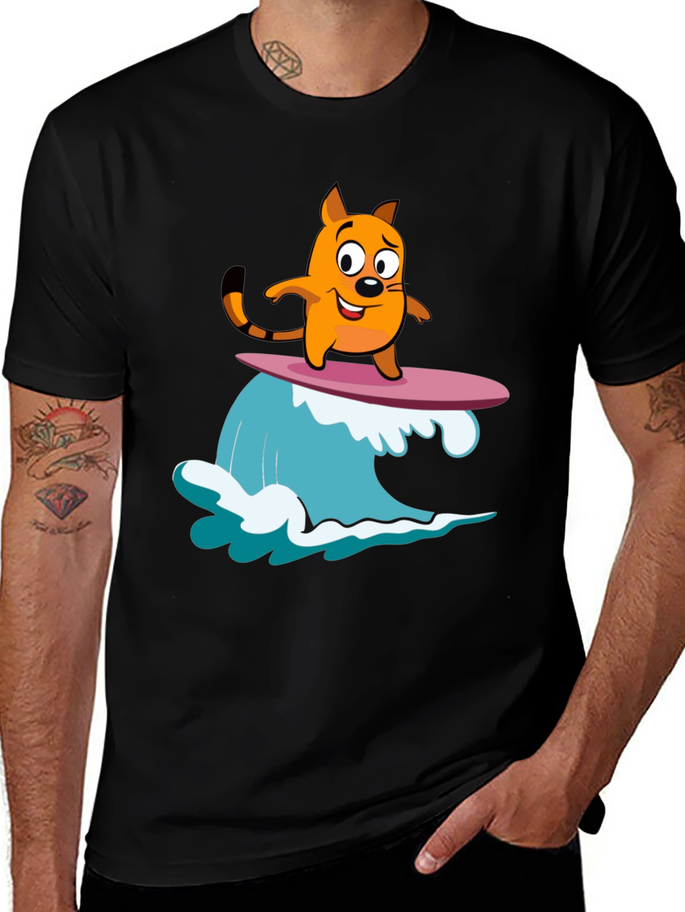 Variant 8 of Cartoon Cat Surfing T-Shirt - Black Cotton Tee